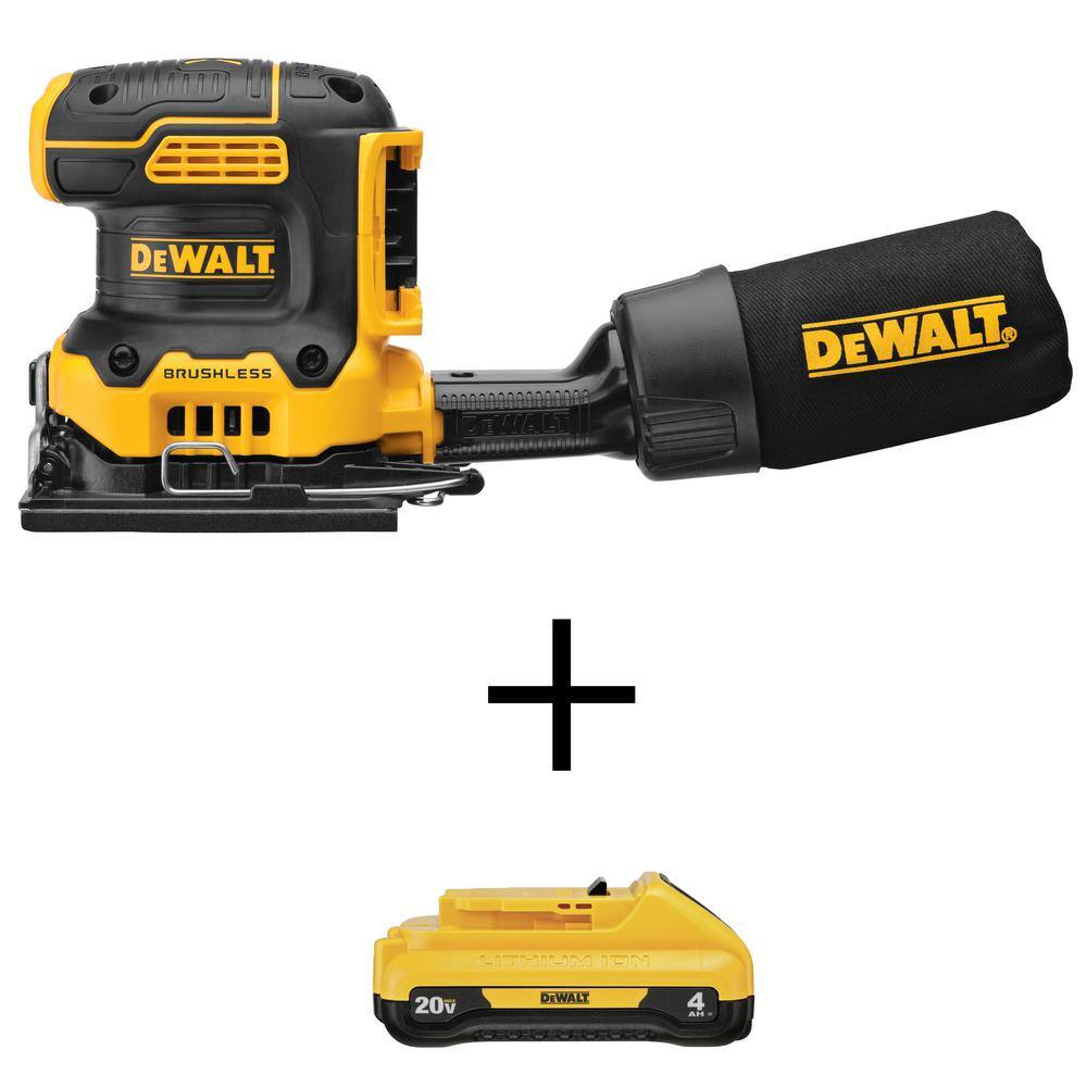 DEWALT DCW200BW240 20V MAX XR Cordless Brushless 1/4 Sheet Variable Speed Sander and (1) 20V MAX Compact Lithium-Ion 4.0Ah Battery