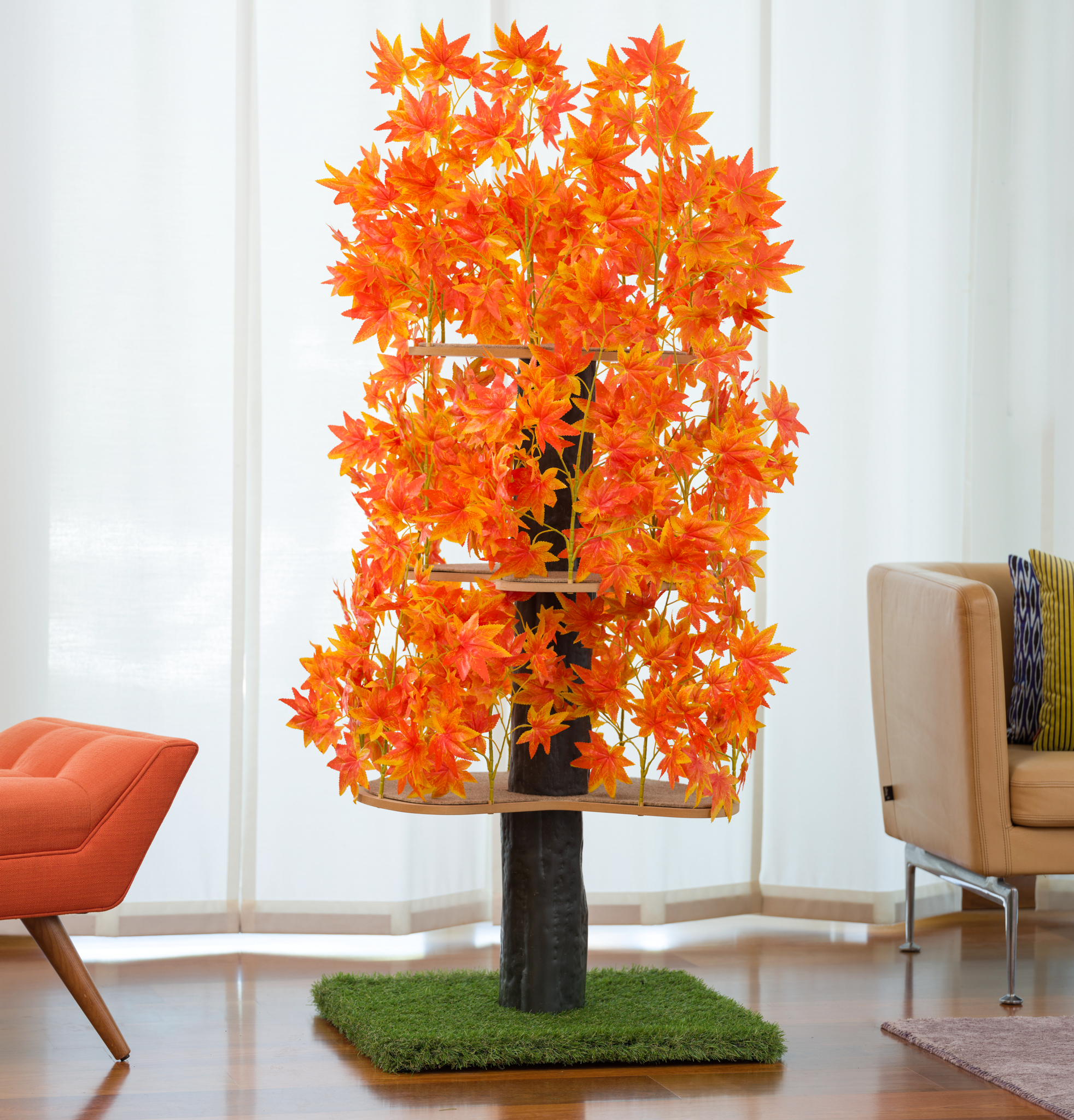 On2Pets Cat Tree with Leaves. Cat House & Cat Activity Tree. Multi-Level Cat Condo for Indoor Cats. Square Base. Orange Blaze