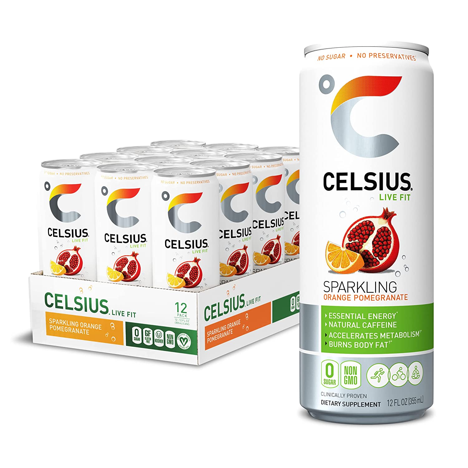 CELSIUS Sweetened with Stevia Sparkling Fitness Drink. Zero Sugar. Slim Can. Orange Pomegranate. 144 Fl Oz (Pack of 12)