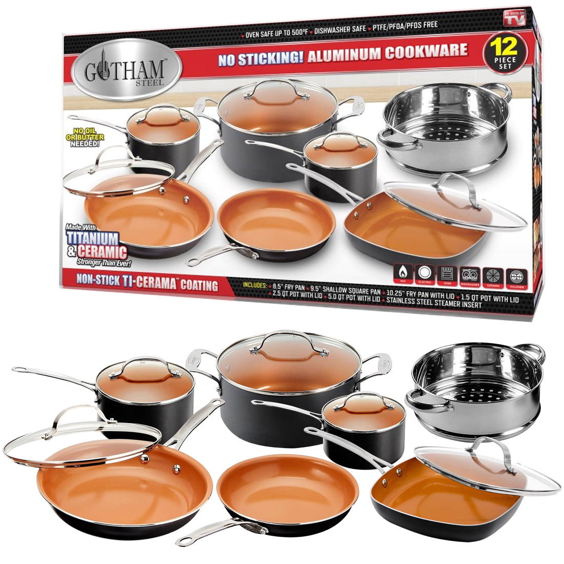 Gotham Steel 12 Piece Non-stick Cookware Set. Dishwasher Safe. Pots and Pans Set