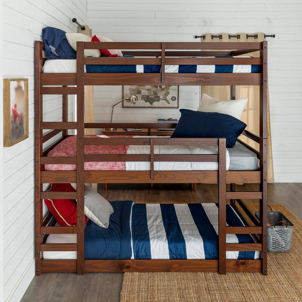 Walker Edison Furniture Company  Transitional Solid Wood Triple Low Bunk Bed - Walnut