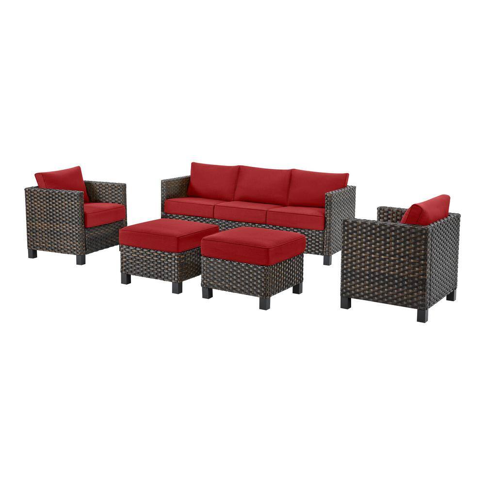 StyleWell  Sharon Hill 5-Piece Wicker Patio Conversation with Chili Cushions