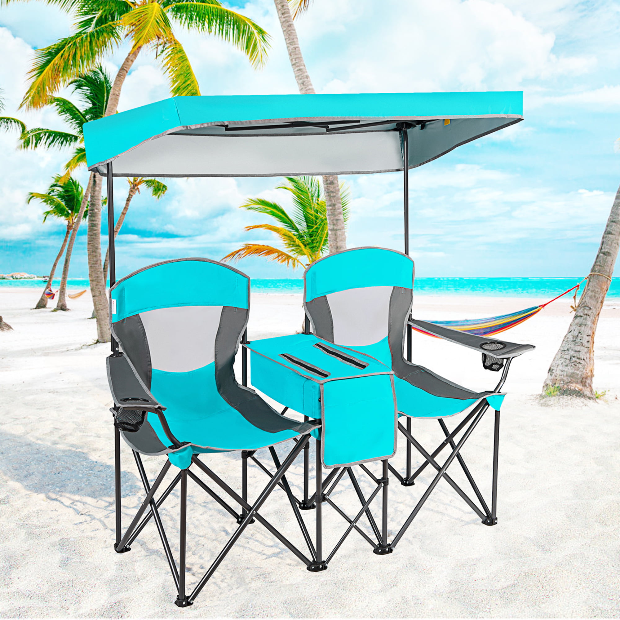 Gymax Folding 2-person Camping Chairs Double Sunshade Chairs w/ Canopy Turquoise. Adult