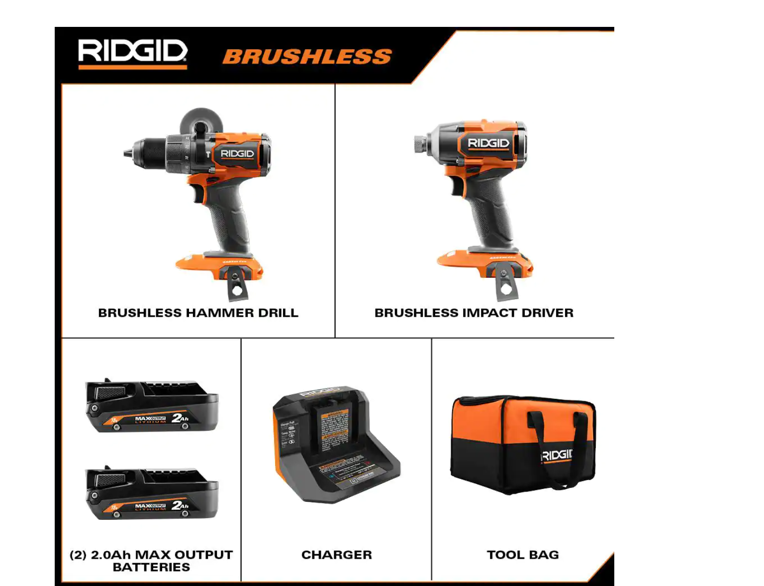 RIDGID R9209 18V Brushless Cordless 2-Tool Combo Kit with Drill/Driver. Impact Driver. (2) Batteries. 18V Charger. and Tool Bag