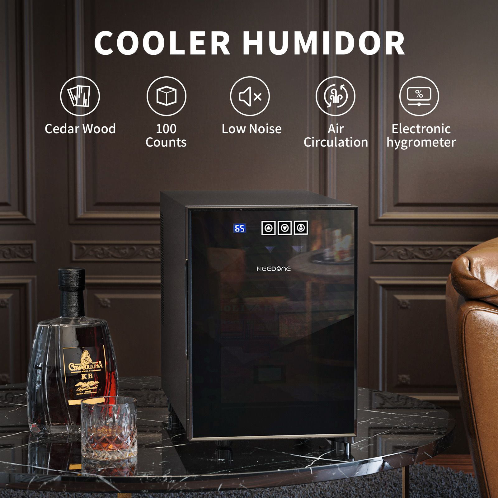 NEEDONE 16L Electric Cigar Humidor for 100 Counts.with Cooling and Temperature Control System. with Digital Hygrometer. Spanish Cedar Wood Shelves