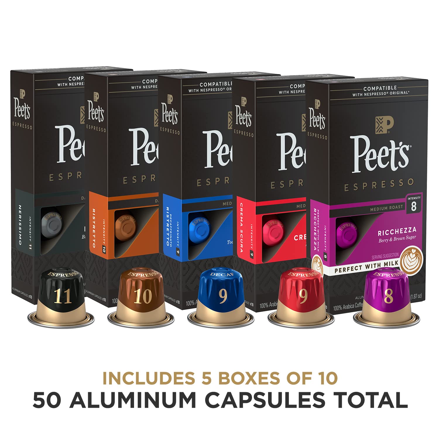 Peet-s Coffee Espresso Capsules Variety Pack. 50 Count Single Cup Coffee Pods. Compatible with Nespresso Original Brewers. Crema Scura. Decaffeinato Ristretto. Nerissimo. Ricchezza. Ristretto