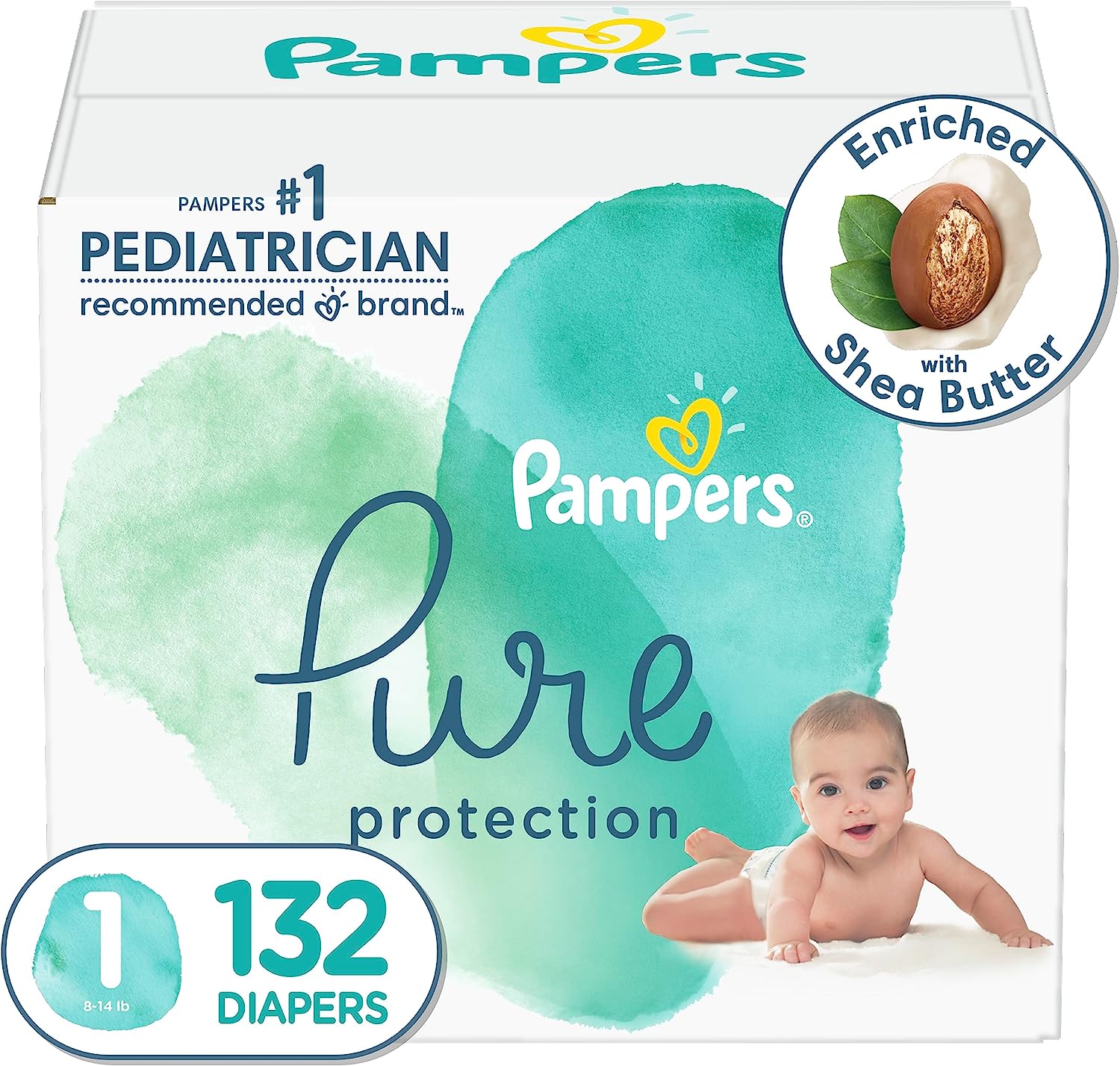 Diapers Size 1. 132 Count - Pampers Pure Protection Disposable Baby Diapers. Hypoallergenic and Unscented Protection. Enormous Pack (Packaging & Prints May Vary)