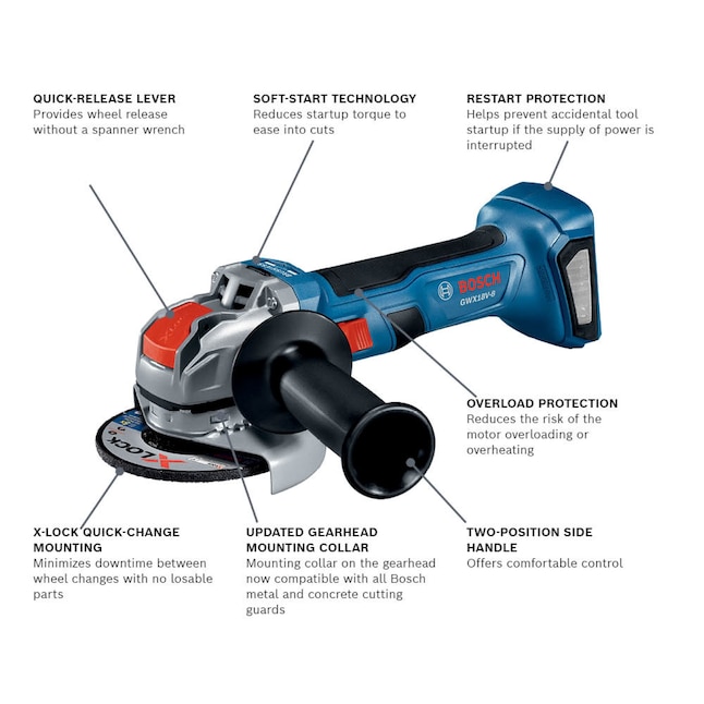 Bosch GWX18V-8N X-LOCK 4.5-in 18-Volt Sliding Switch Brushless Cordless Angle Grinder