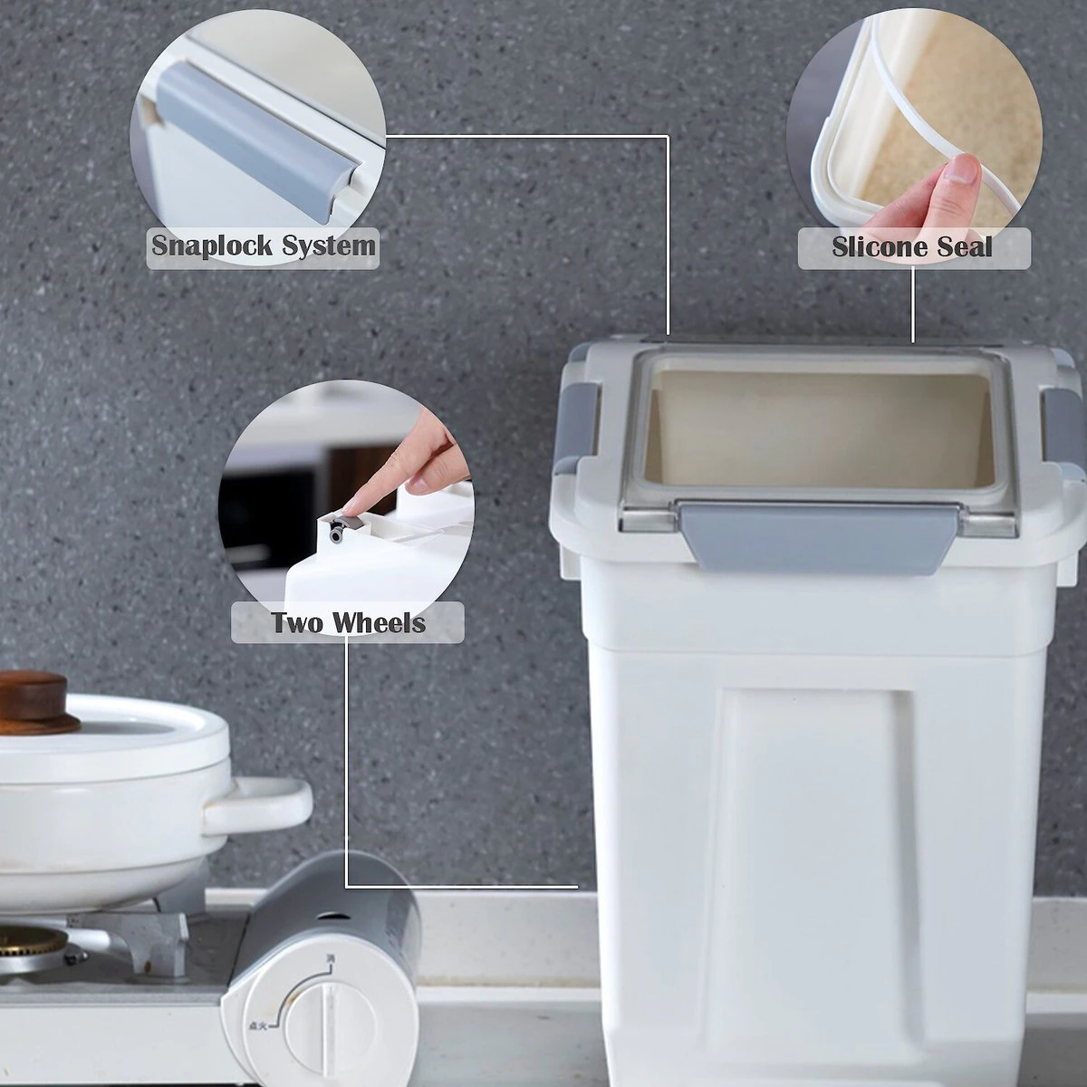 HANAMYA Pet Food Storage Container with Measuring Cup 10lbs. White & Gray