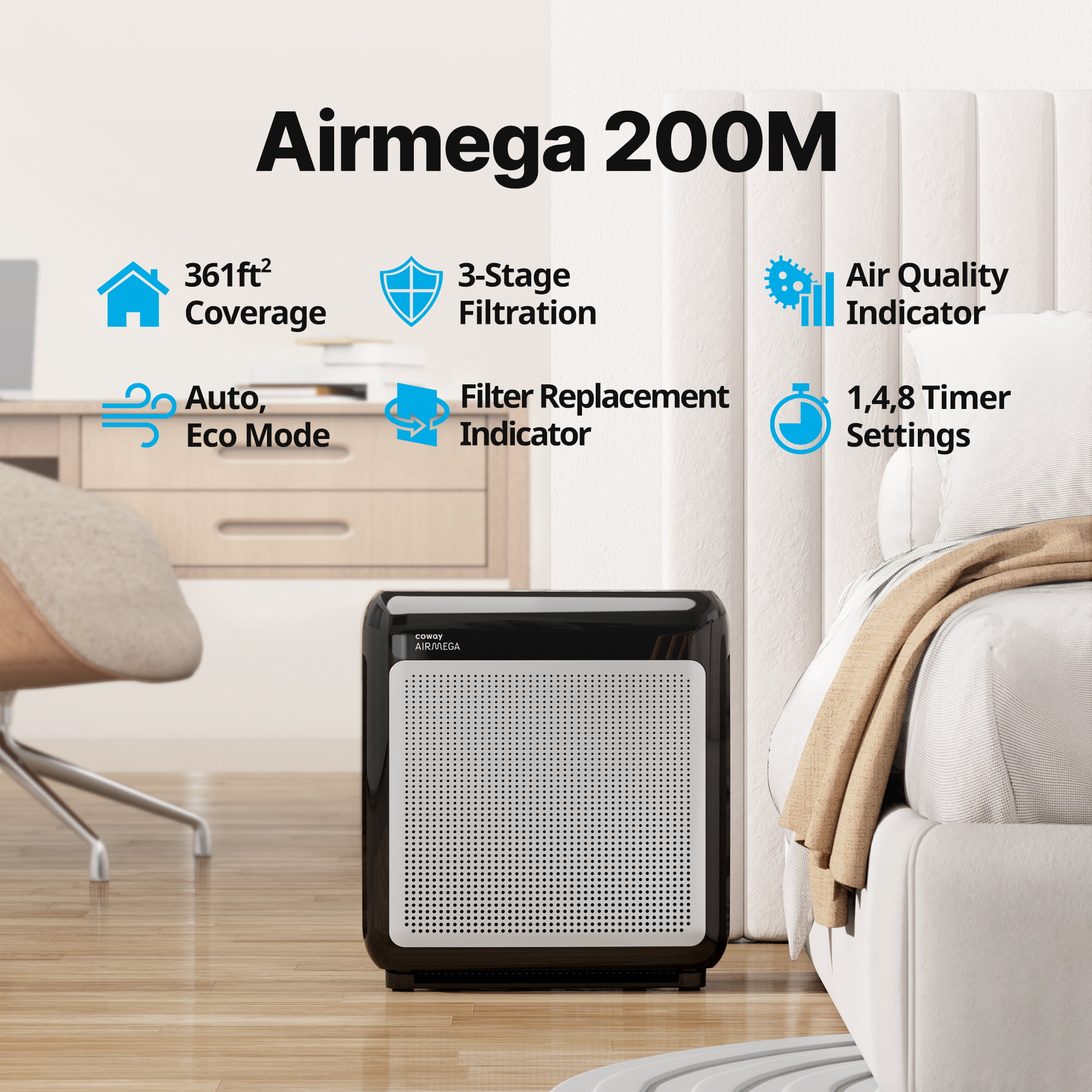Coway Airmega 200M True HEPA Air Purifier with 361 sq. ft. Coverage in Black