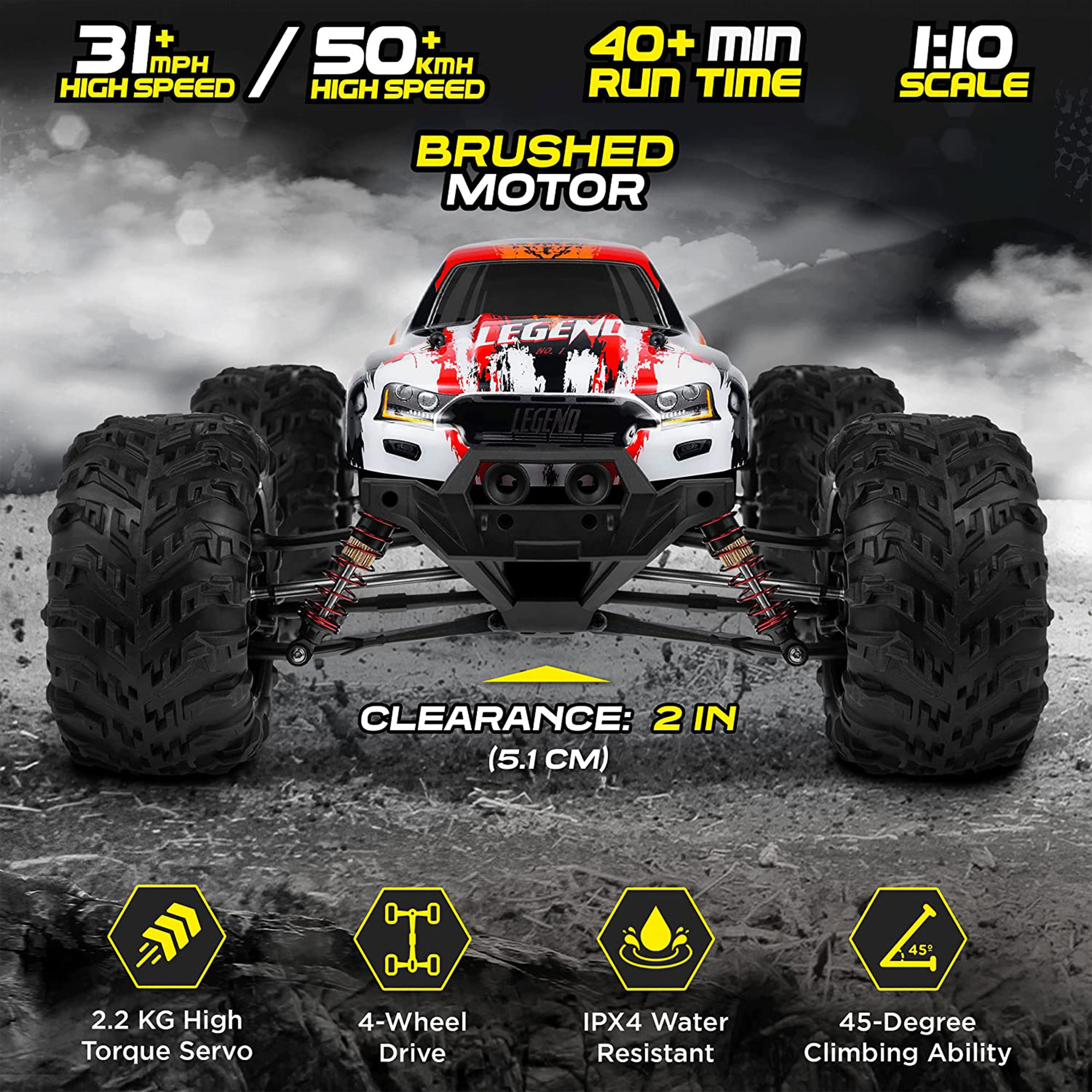 LAEGENDARY Legend 1:10 Scale RC Off-Road Car. Up to 31 MPH. Red/Yellow