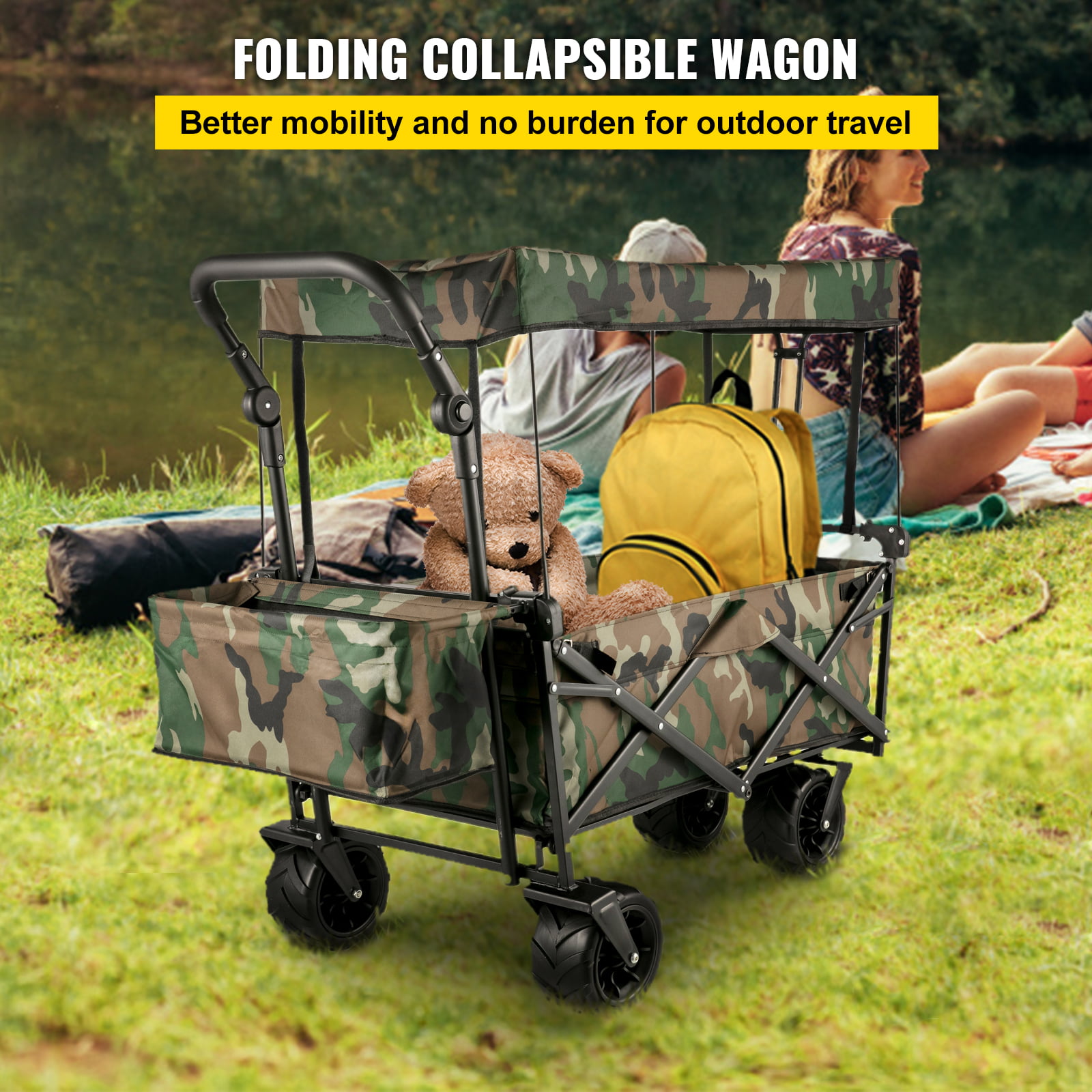 VEVORbrand Collapsible Wagon Cart Camouflage. Foldable Wagon Cart Removable Canopy 603D Oxford Cloth. Collapsible Wagon Oversized Wheels. Portable Folding Wagon Adjustable Handles. Beach. Garden