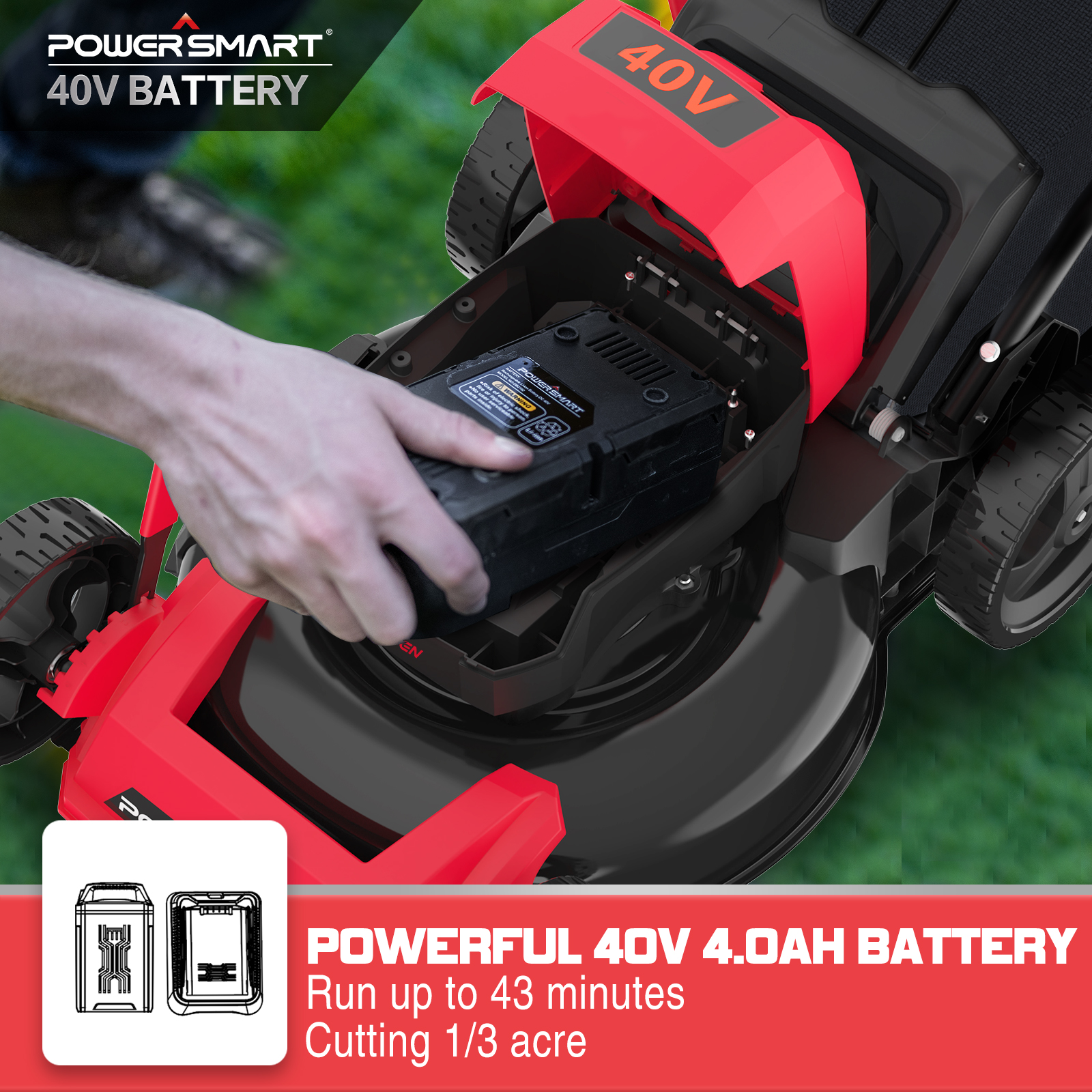 PowerSmart 40V 17-inch 3-in-1 Cordless Brushless Walk Behind Push Lawn Mower W/4.0Ah Battery and Charger .PS76418AP