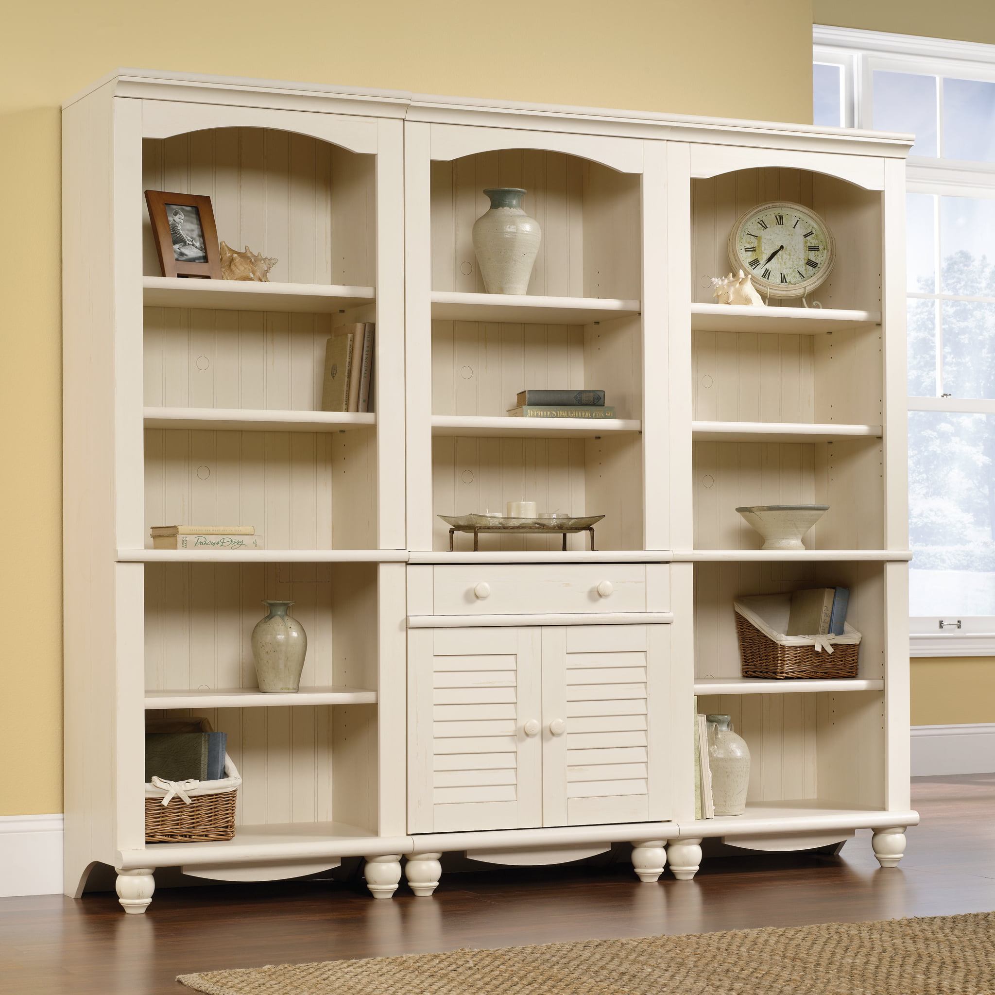 Sauder Harbor View 72″ Library Bookcase. Antiqued White Finish
