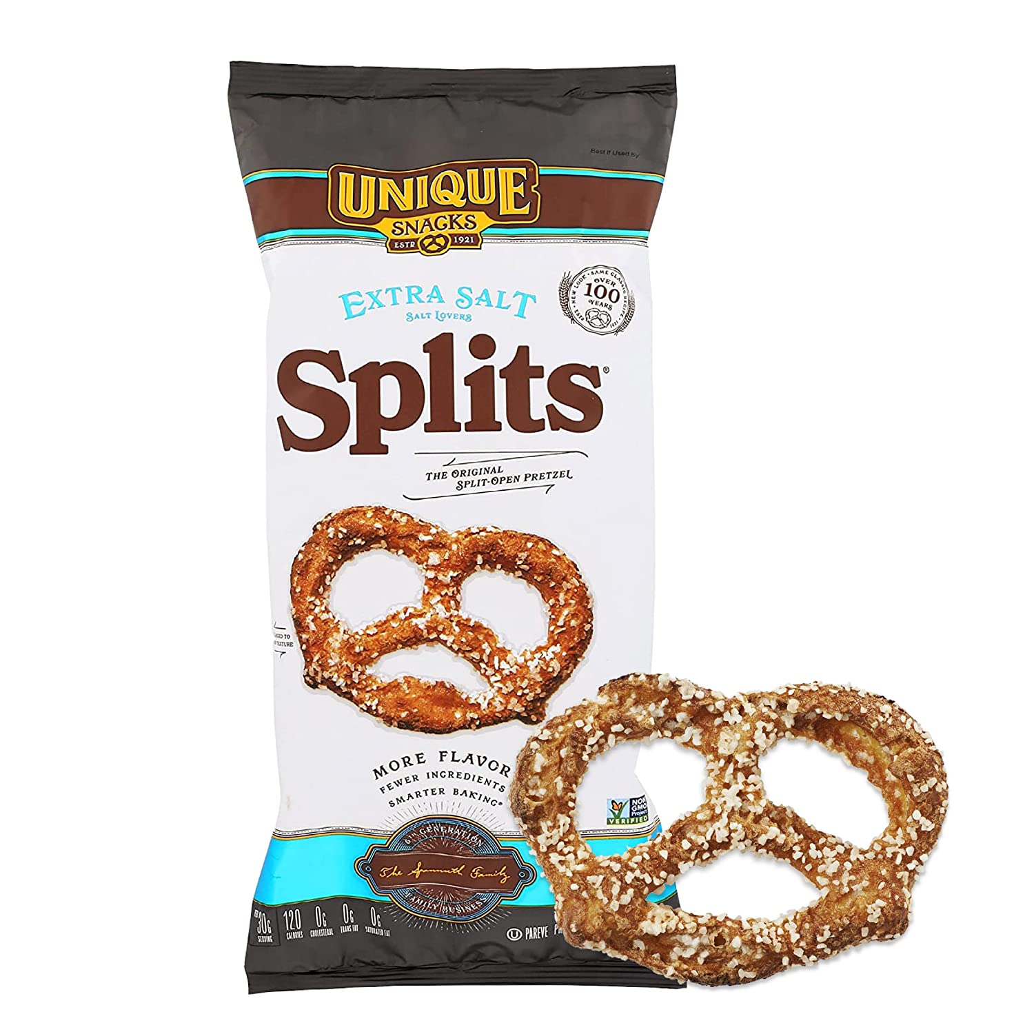 Unique Snacks Extra Salt Splits Pretzels. Delicious Homestyle Baked. Certified OU Kosher and Non-GMO. No Artificial Flavor. 11 Oz Bags (Pack of 3)