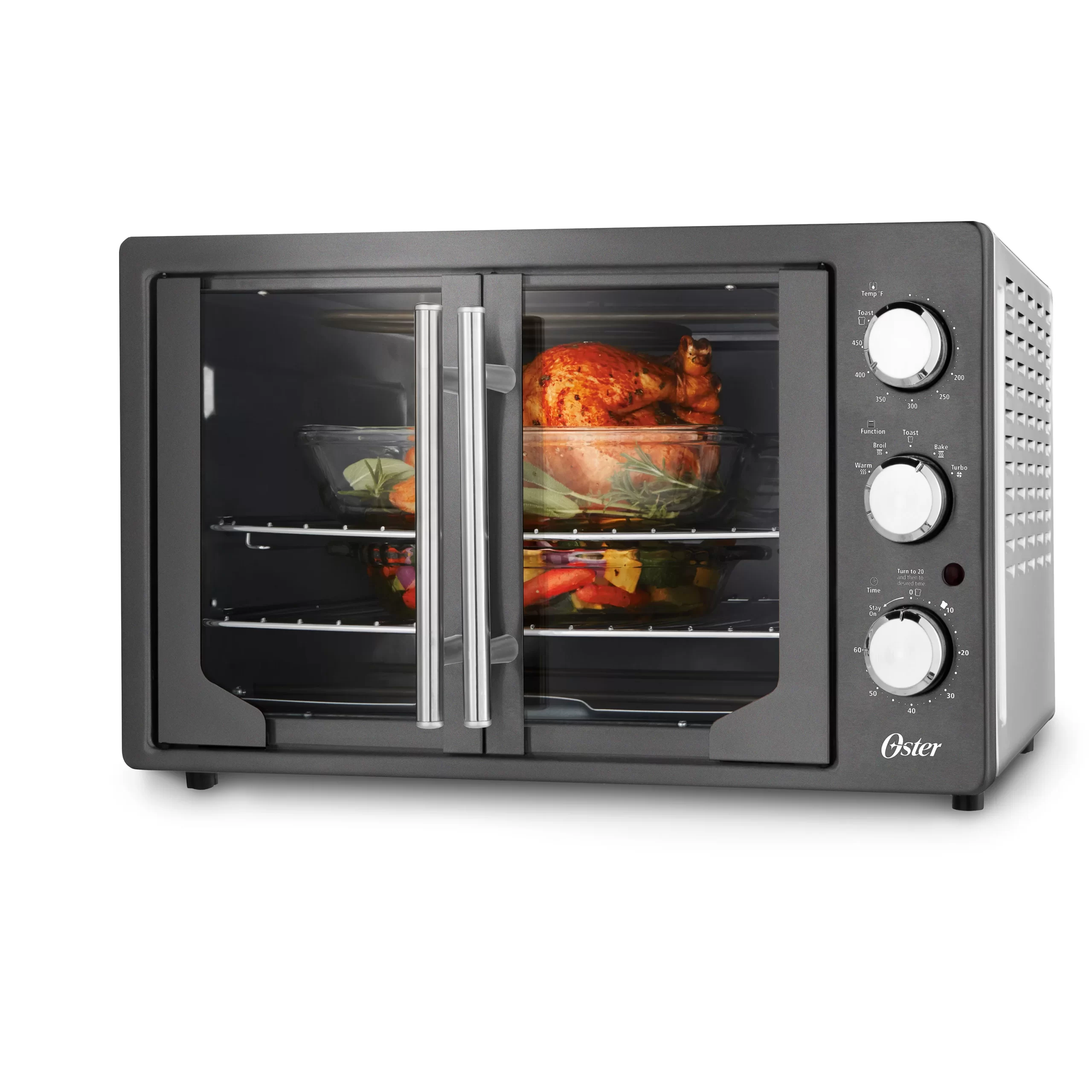 Oster 31160840 Extra Large Single Door Pull French Door Turbo Convection Toaster Oven with 2 Removable Baking Racks. Metallic and Charcoal