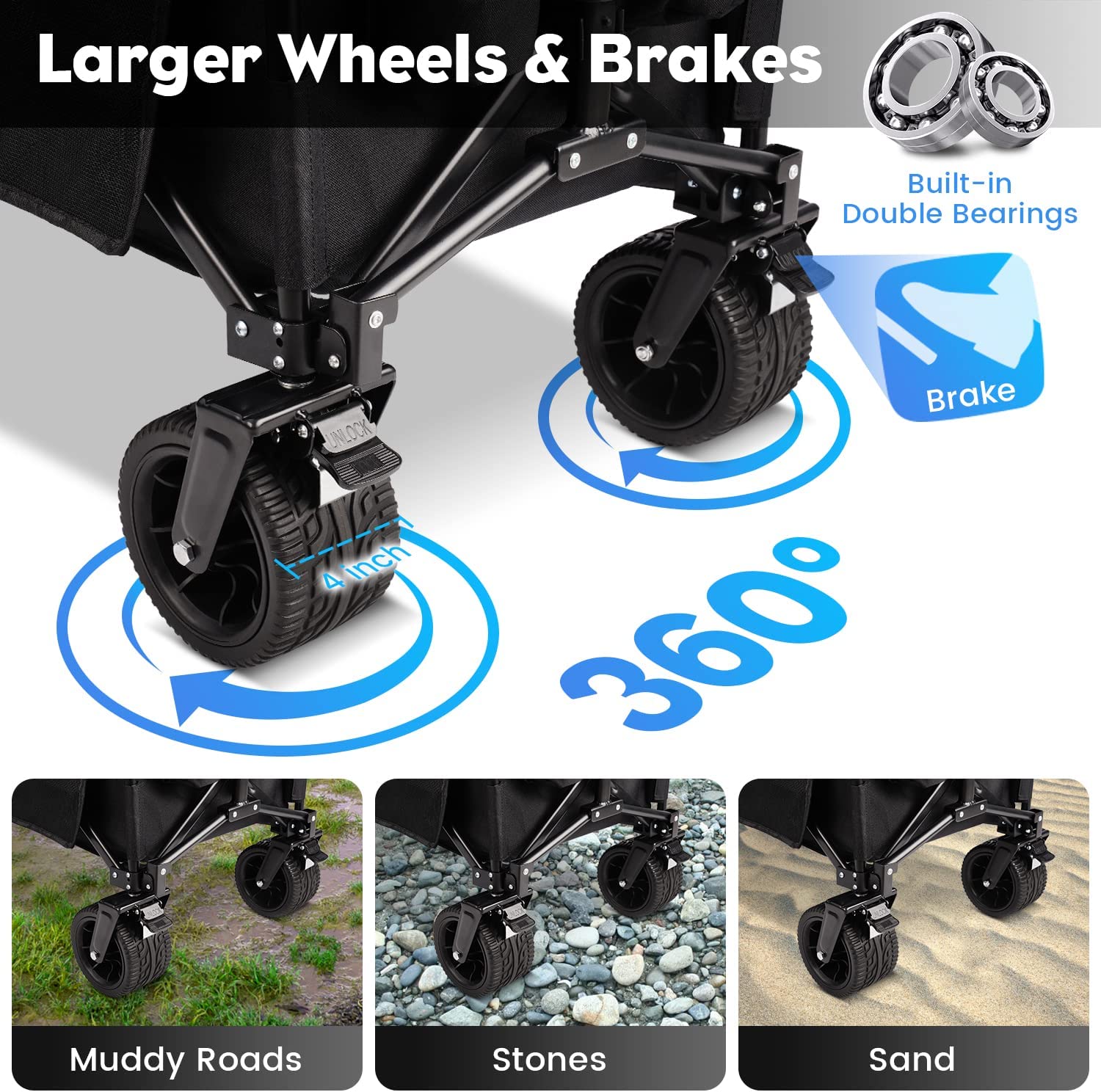 Calanofin Heavy Duty Collapsible Wagon Cart Utility 180L Foldable Beach Wagon for All-Terrain Garden Cart with Big Wheels for Sand. Side Pockets & Drink Holders for Shopping Beach Camping Outdoors