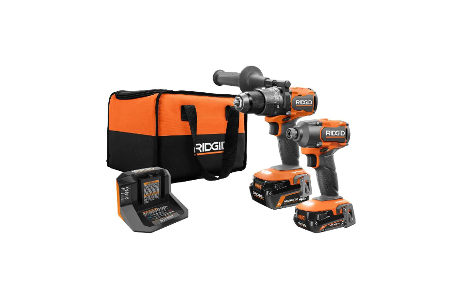 RIDGID R9208 18V Brushless Cordless 2-Tool Combo Kit with Hammer Drill. Impact Driver. (2) Batteries. Charger. and Bag