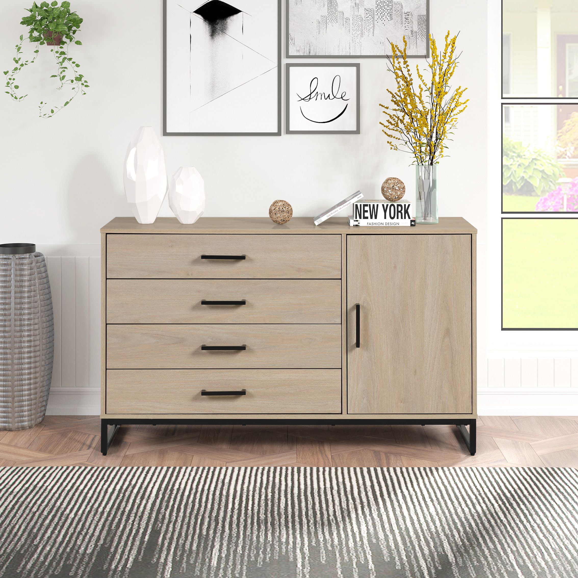Mainstays Industrial 4 Drawer Dresser W/ Door Cabinet. Beige Oak