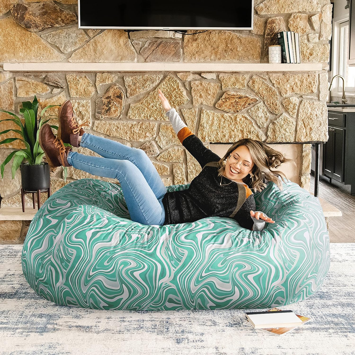 Big Joe Fuf Media Lounger Foam Filled Bean Bag Chair. Groovy Green Plush. Soft Polyester. 6 feet Giant
