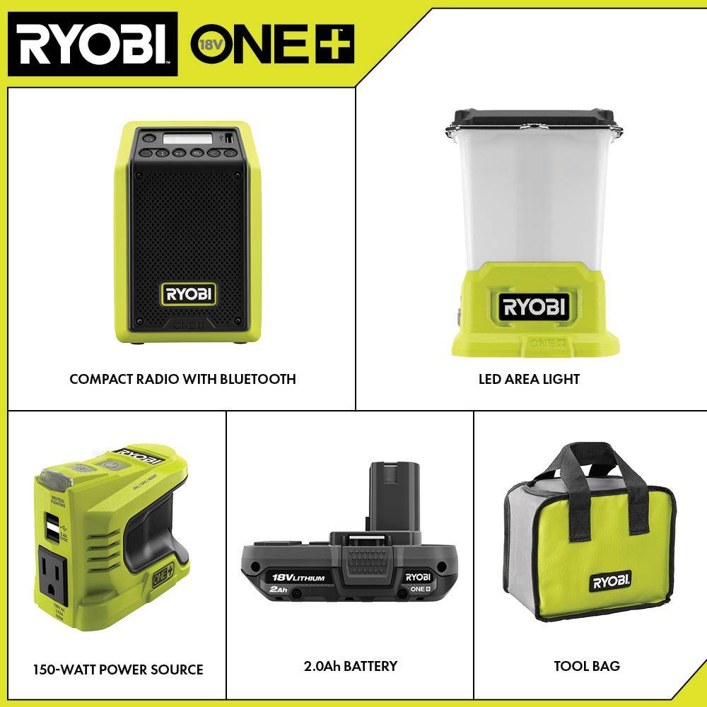 RYOBI PCL1307K1 ONE+ 18V Cordless 3-Tool Storm Combo Kit with Radio. Area Light. Power Inverter. 2.0 Ah Battery. and Charger