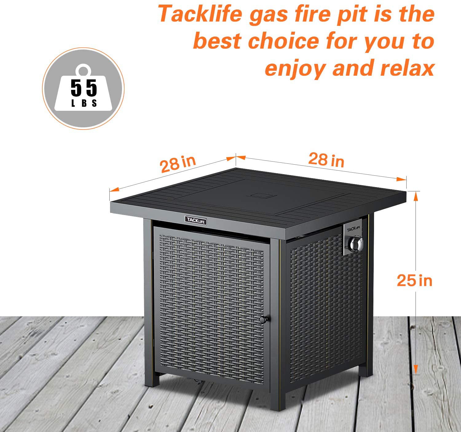 28″ Propane Fire Pit Table. Black. Square Rattan Plaited Fire Table with Lid.50000 BTU Auto Ignition. 2 in1 Fire Pit Table for Courtyard/Patio/Balcony