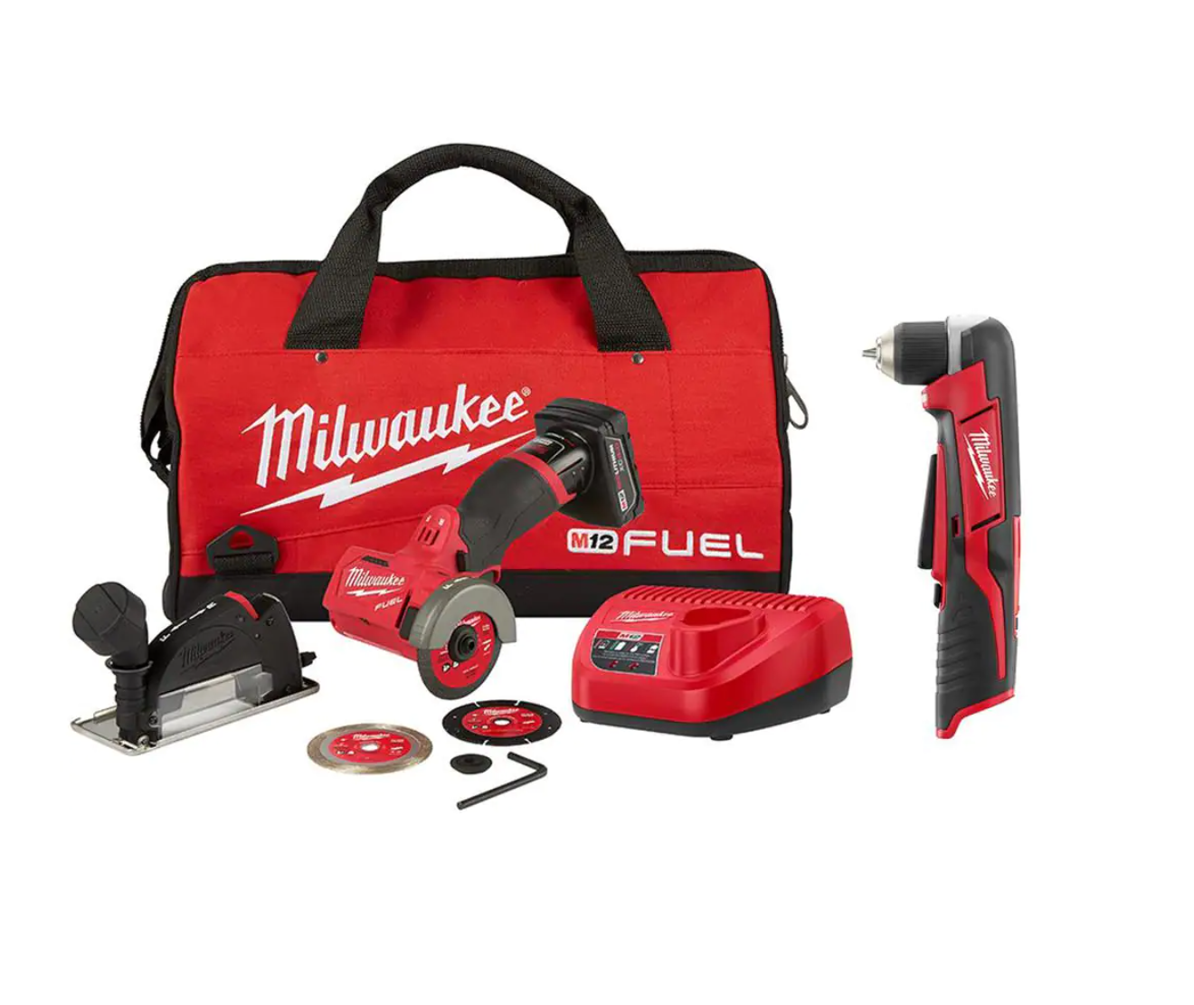 Milwaukee 2522-21XC-2415-20 M12 FUEL 12V 3 in. Lithium-Ion Brushless Cordless Cut Off Saw Kit with M12 3/8 in. Right Angle Drill