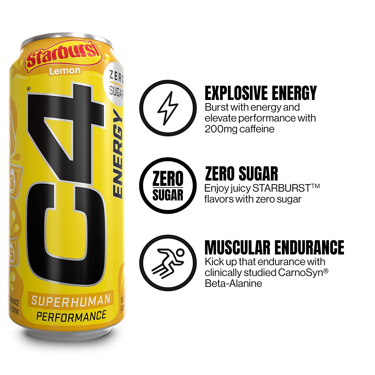 Cellucor C4 Energy Drink. Starburst Lemon. Carbonated Sugar Free  with no Artificial Colors or Dyes. 16 Oz. 12 Count