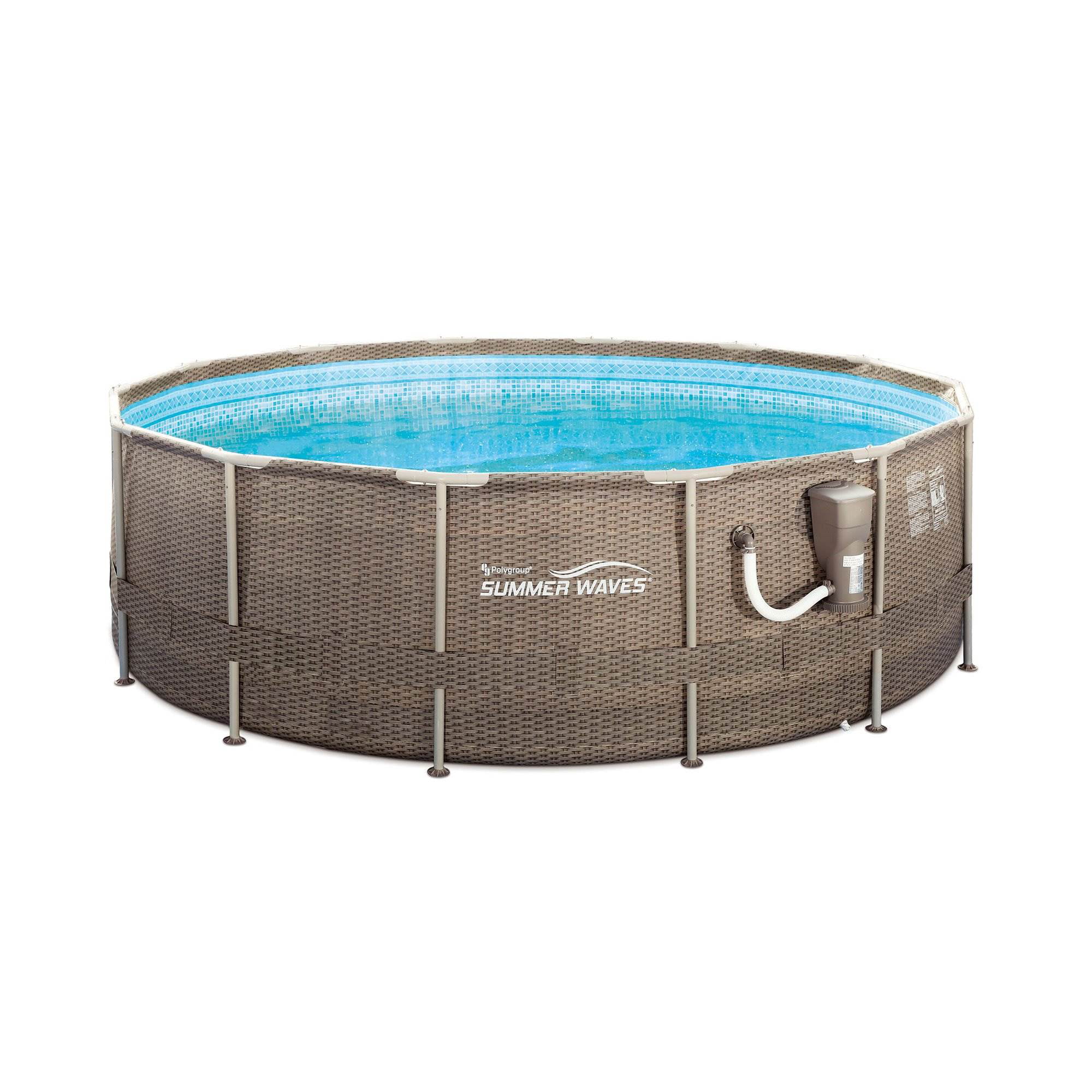 Summer Waves 14′ x 48″ Round Frame Above Ground Swimming Pool Set. Brown Wicker