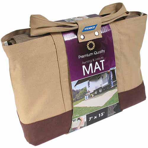 Camco 42811 7′ x 15′ RV Awning and Leisure Mat. Includes Canvas Tote Bag. Brown
