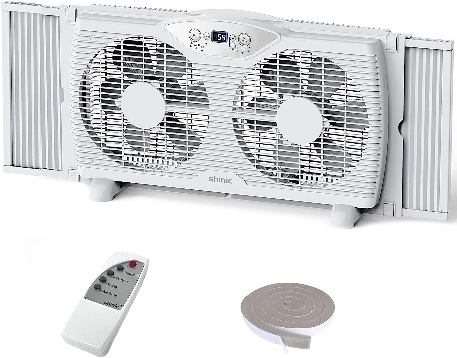 shinic Twin Window Fan with Remote. 9-Inch Blades Reversible Airflow. Thermostat Control. 3 Speeds. 3 Functions. 23.8″-37″ Expandable Width. Window Exchaust Fans for Home Bedroom. ETL Certified