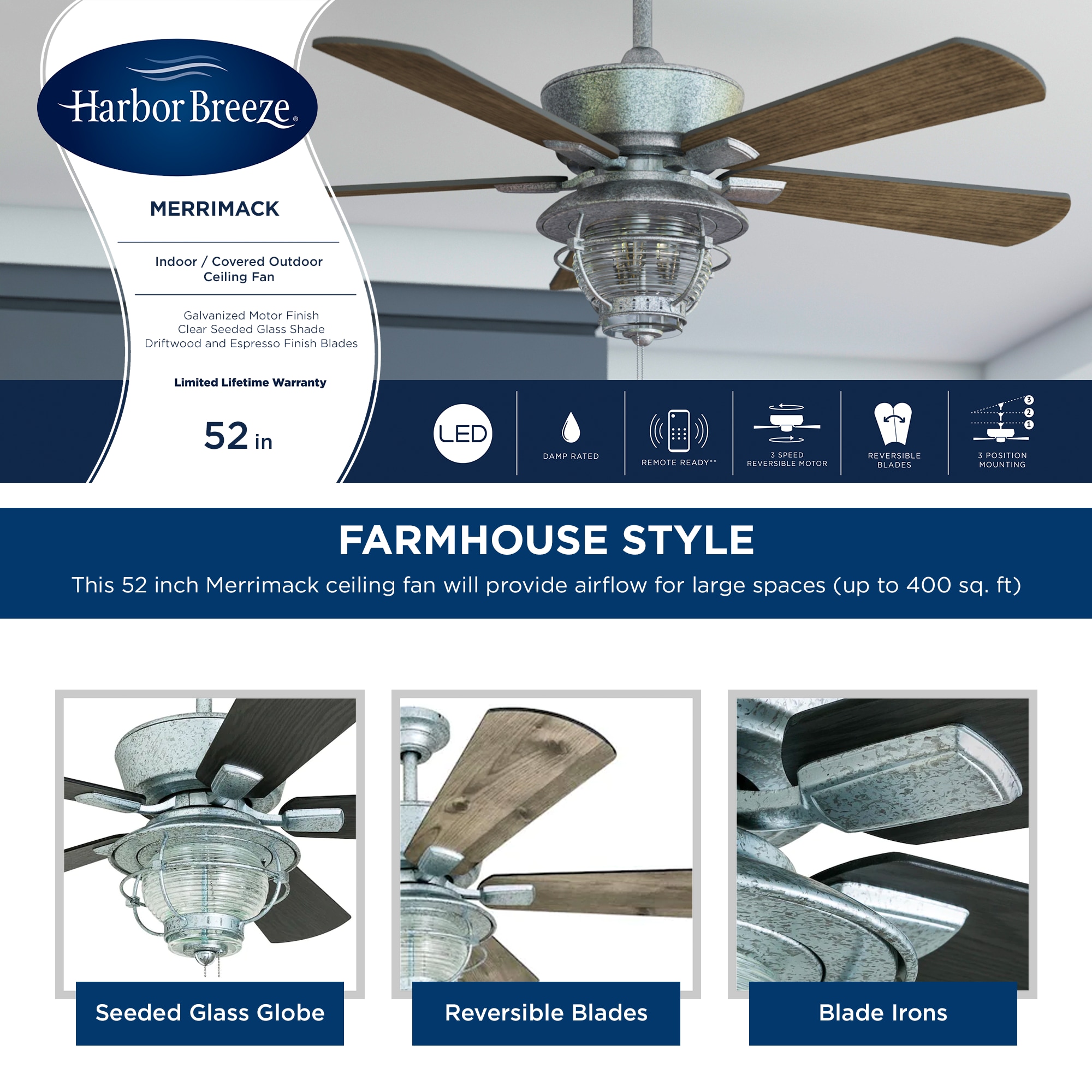 Harbor Breeze 41125 Merrimack II 52-in Galvanized LED Indoor/Outdoor Downrod or Flush Mount Ceiling Fan with Light (5-Blade)