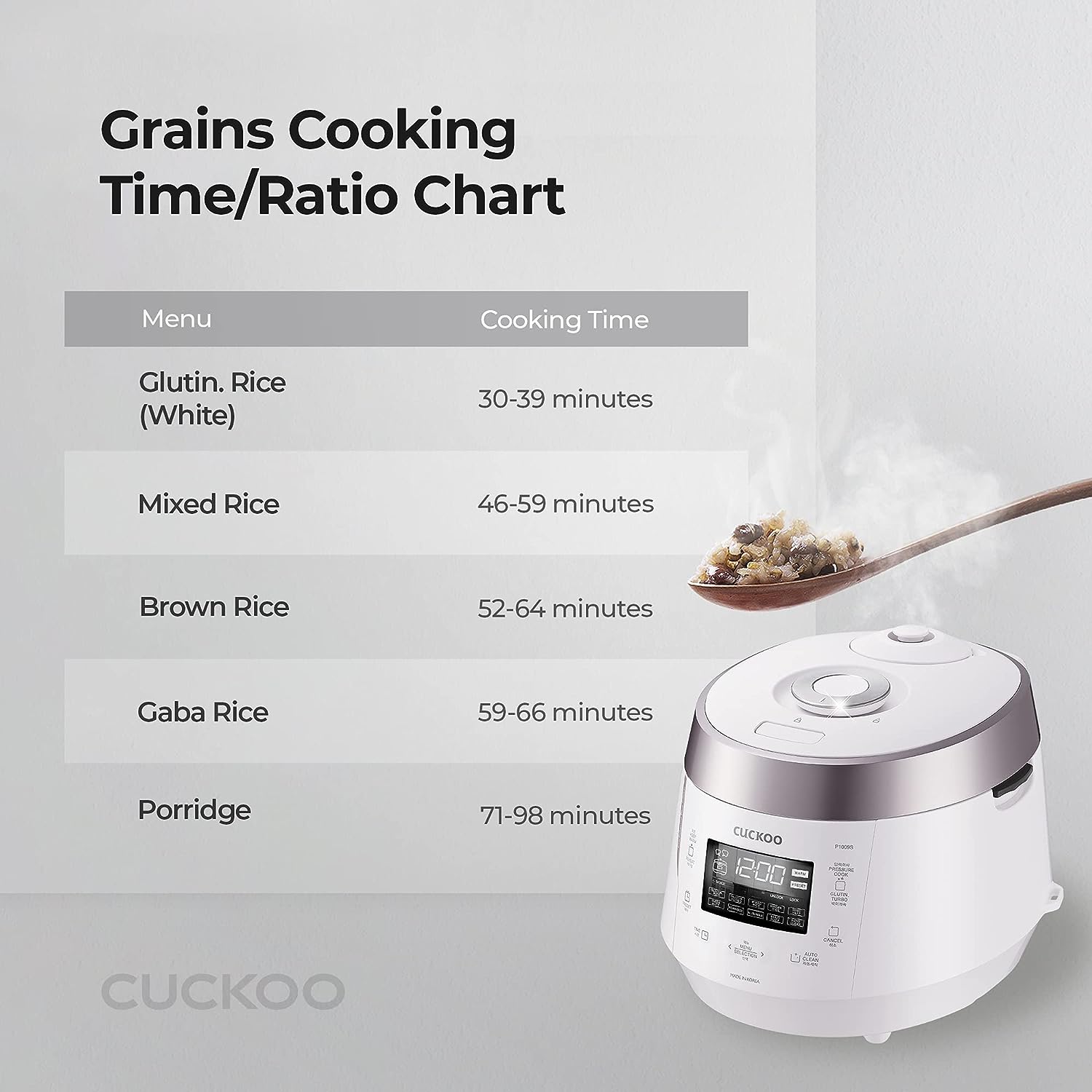 Cuckoo CRP-P1009SW 10 Cup Electric Heating Pressure Cooker & Warmer – 12 Built-in Programs. Glutinous (White). Mixed. Brown. GABA Rice. 1.8 liters