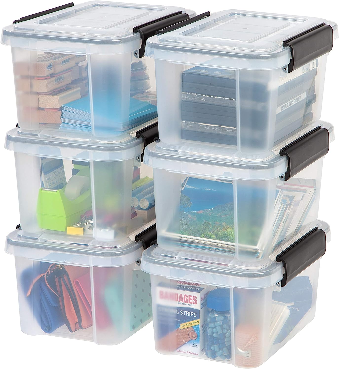 IRIS USA 7 Quart WEATHERPRO Plastic Storage Box with Durable Lid and Seal and Secure Latching Buckles. Weathertight. Clear with Black Buckles. 6 Pack