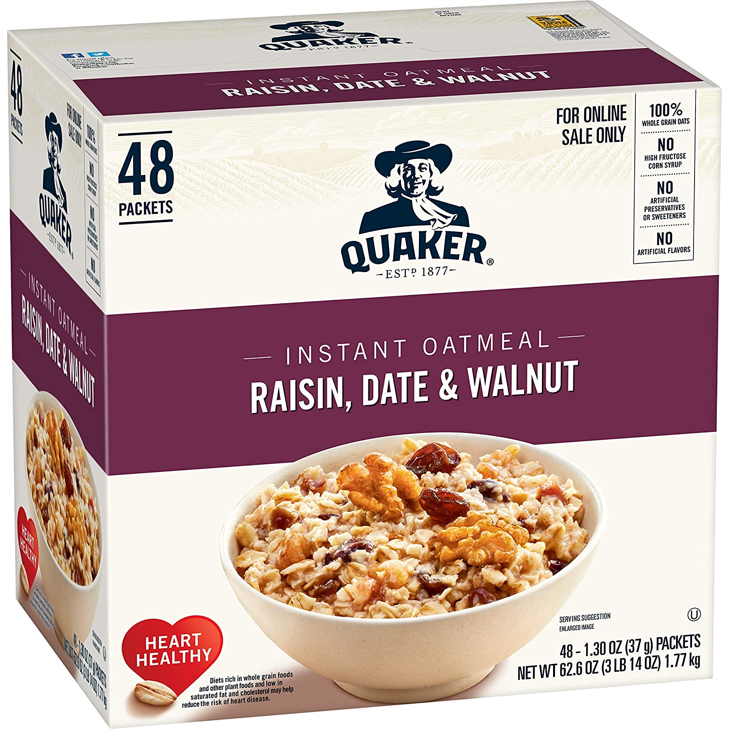 Quaker Instant Oatmeal. Raisin. Date and Walnut. Individual Packets. 1.30 Ounce (Pack of 48)