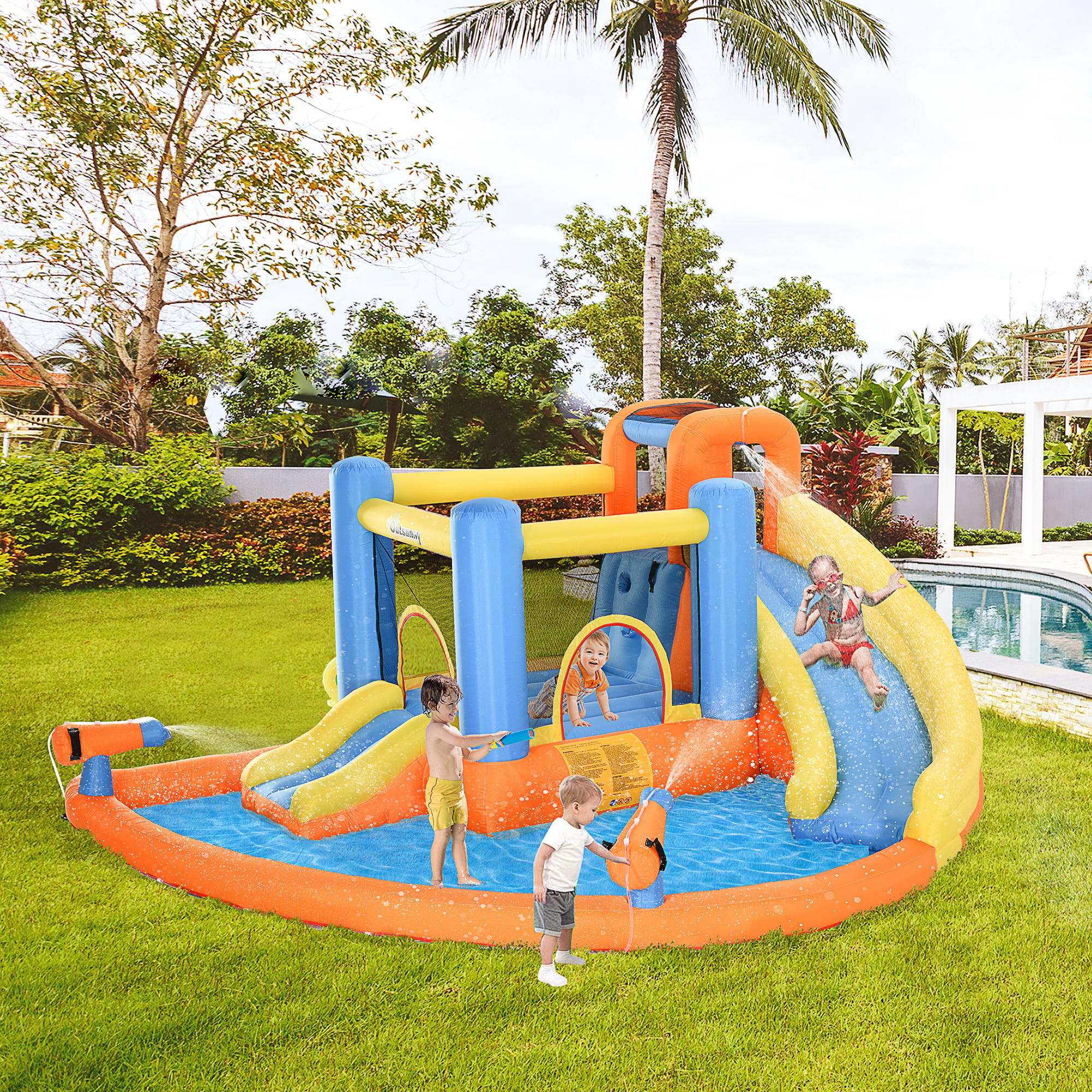 Outsunny Kids Inflatable Water Slide 5-in-1 Bounce House Water Park Jumping Castle with Water Pool. Slide. Climbing Walls. & 2 Water Cannons. 450W Air Blower