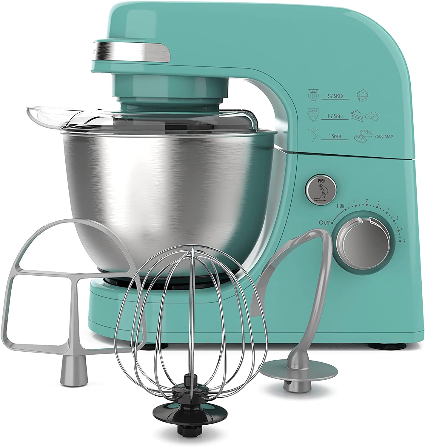 Hamilton Beach Electric Stand Mixer. 4 Quarts. Dough Hook. Flat Beater Attachments. Splash Guard 7 Speeds with Whisk. Aqua