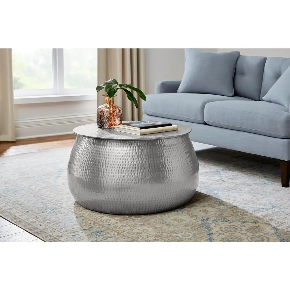 Calluna 31 in. Silver Medium Round Metal Coffee Table with Lift Top