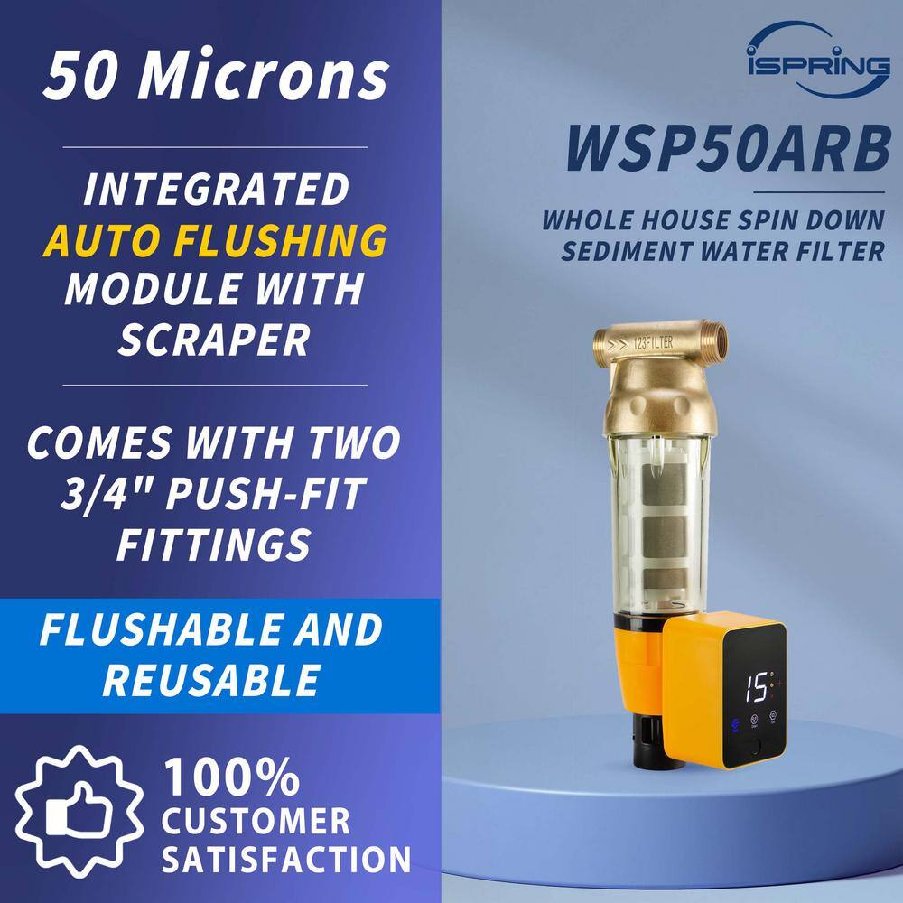 ISPRING WSP50ARB Reusable Sediment Spin-Down Water Filter with Scraper and Auto Flushing Module. 35 GPM. 1 in. FNPT. 3/4 in. Push-Fit