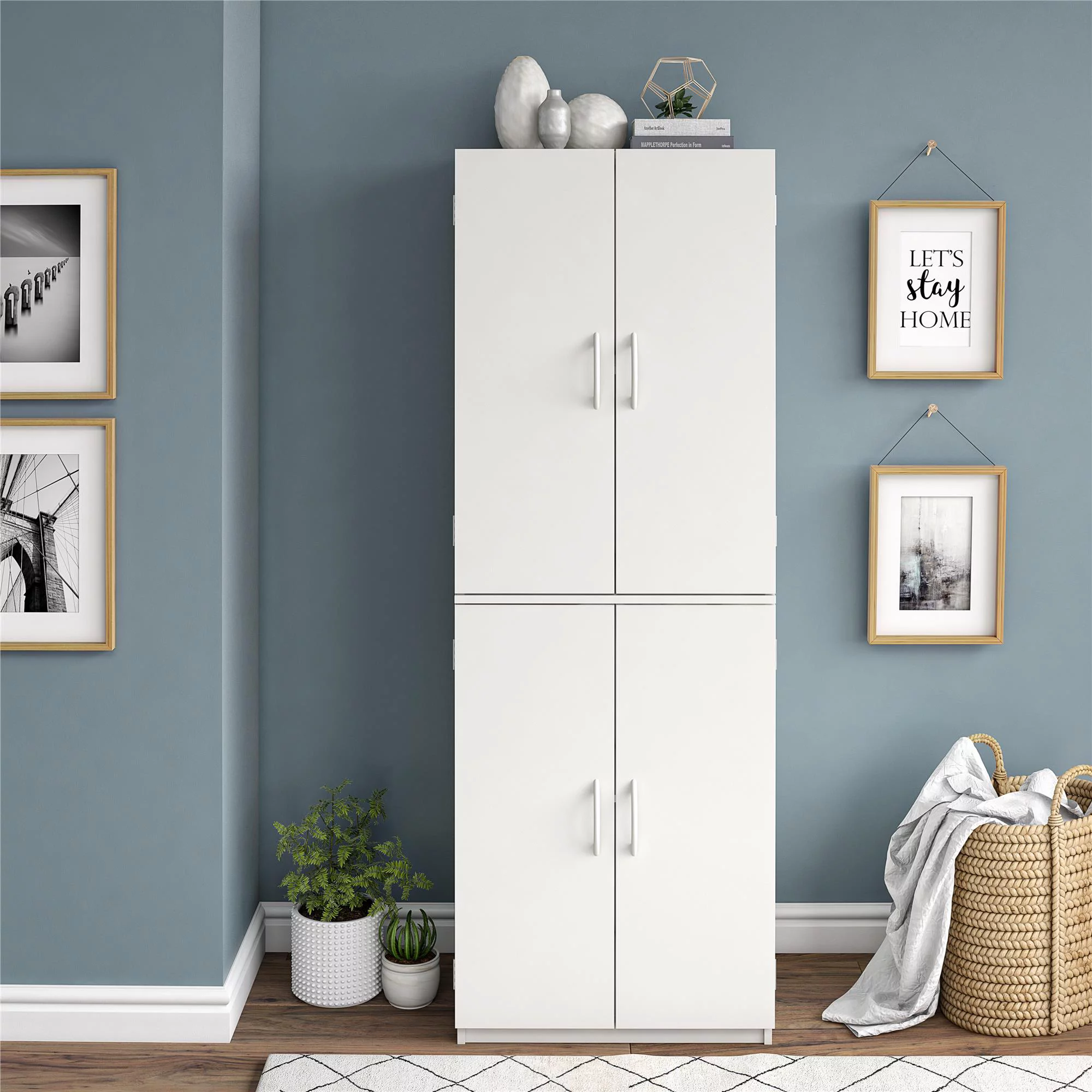 Mainstays 4-Door 5′ Storage Cabinet. White Stipple