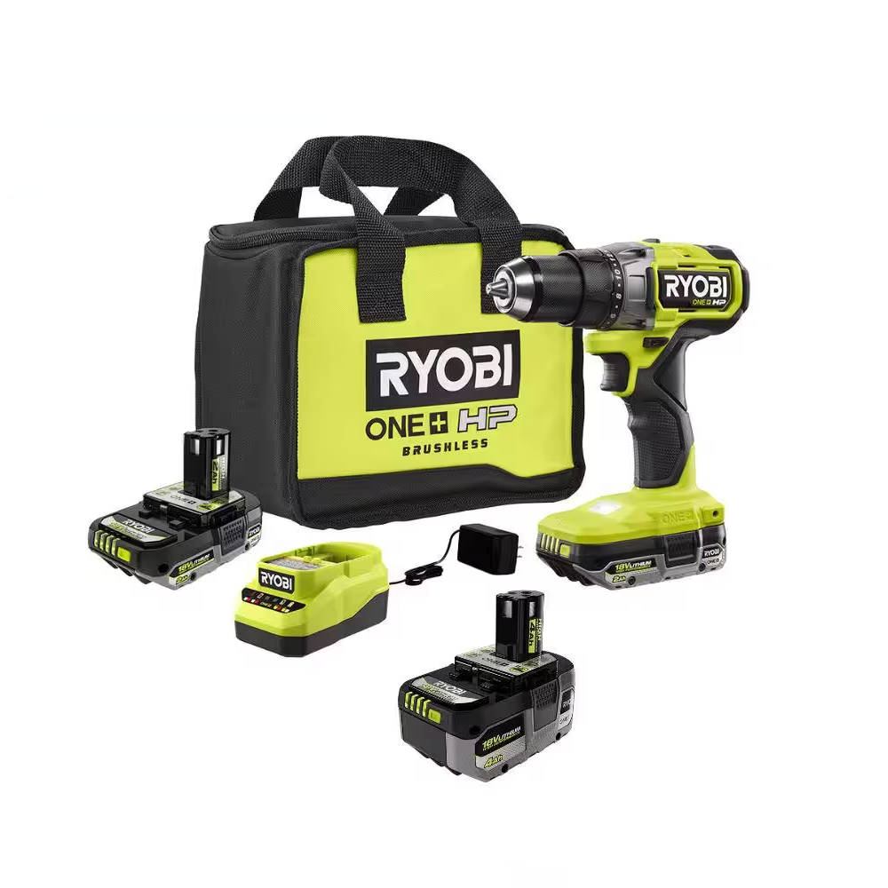 RYOBI PBLDD01K-PBP004 ONE+ HP 18V Brushless Cordless 2-Tool Combo Kit with Drill/Driver. Batteries. Charger. and Bag with Extra 4.0 Ah Battery