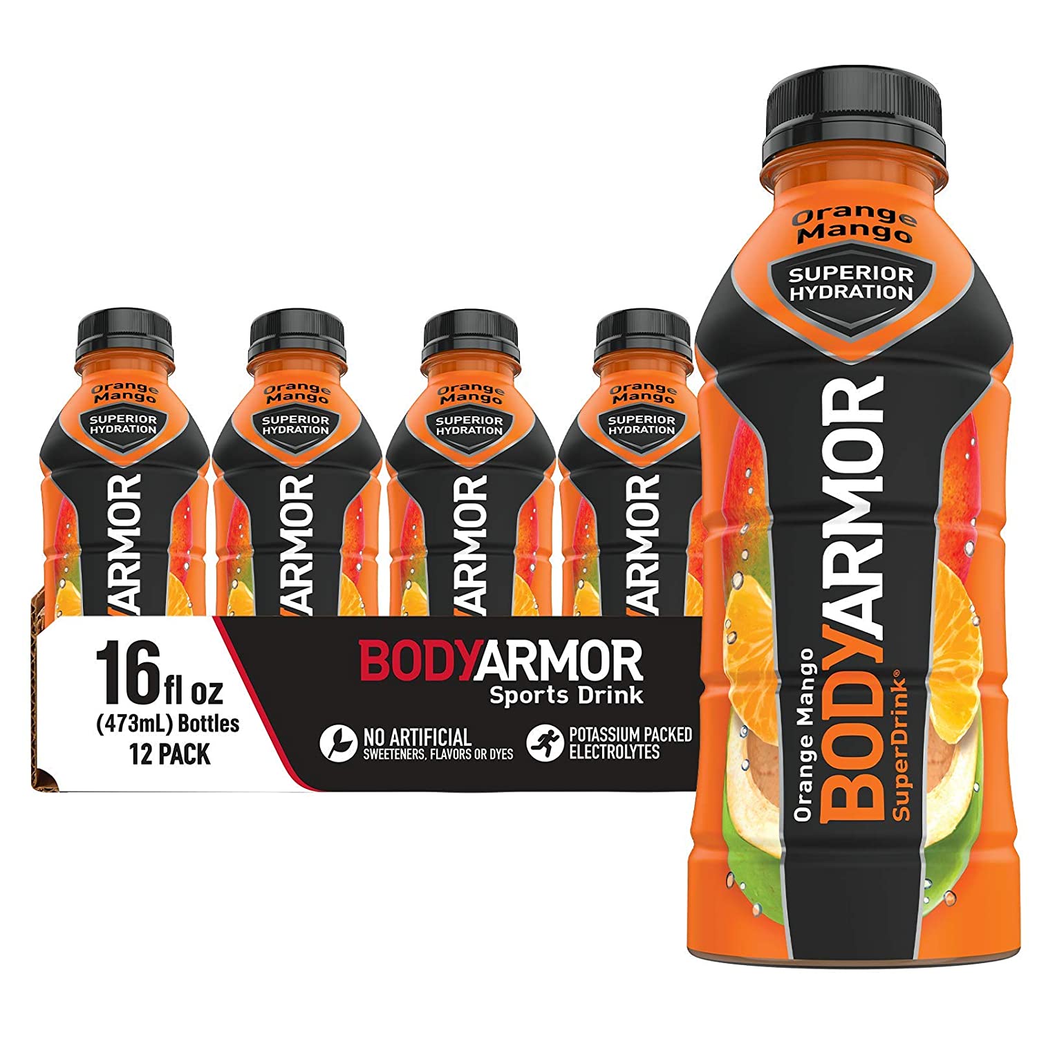 BODYARMOR Sports Drink Sports Beverage. Orange Mango. Natural Flavors With Vitamins. Potassium-Packed