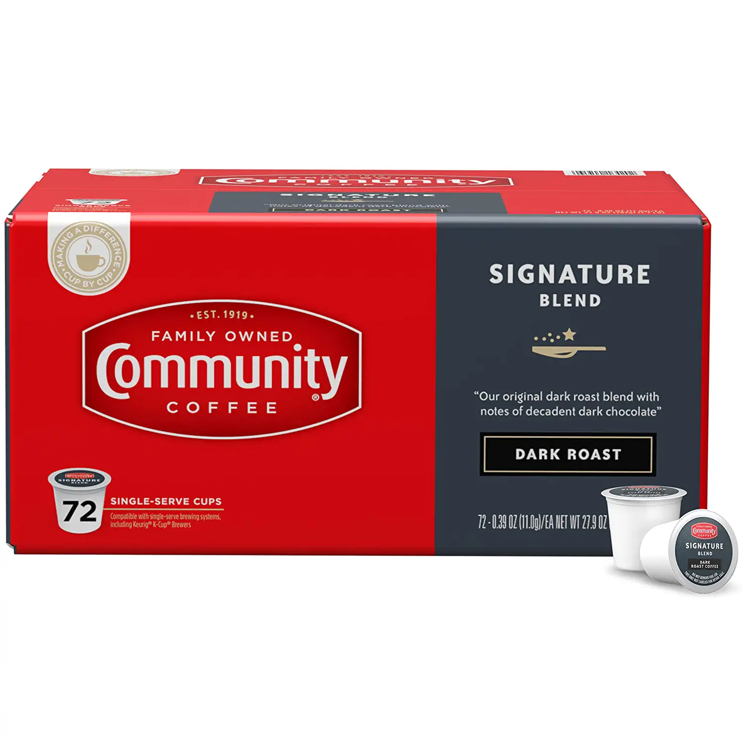 Community Coffee Signature Blend 72 Count Coffee Pods Dark Roast. Compatible with Keurig 2.0 K-Cup Brewers. Box of 72 Pods