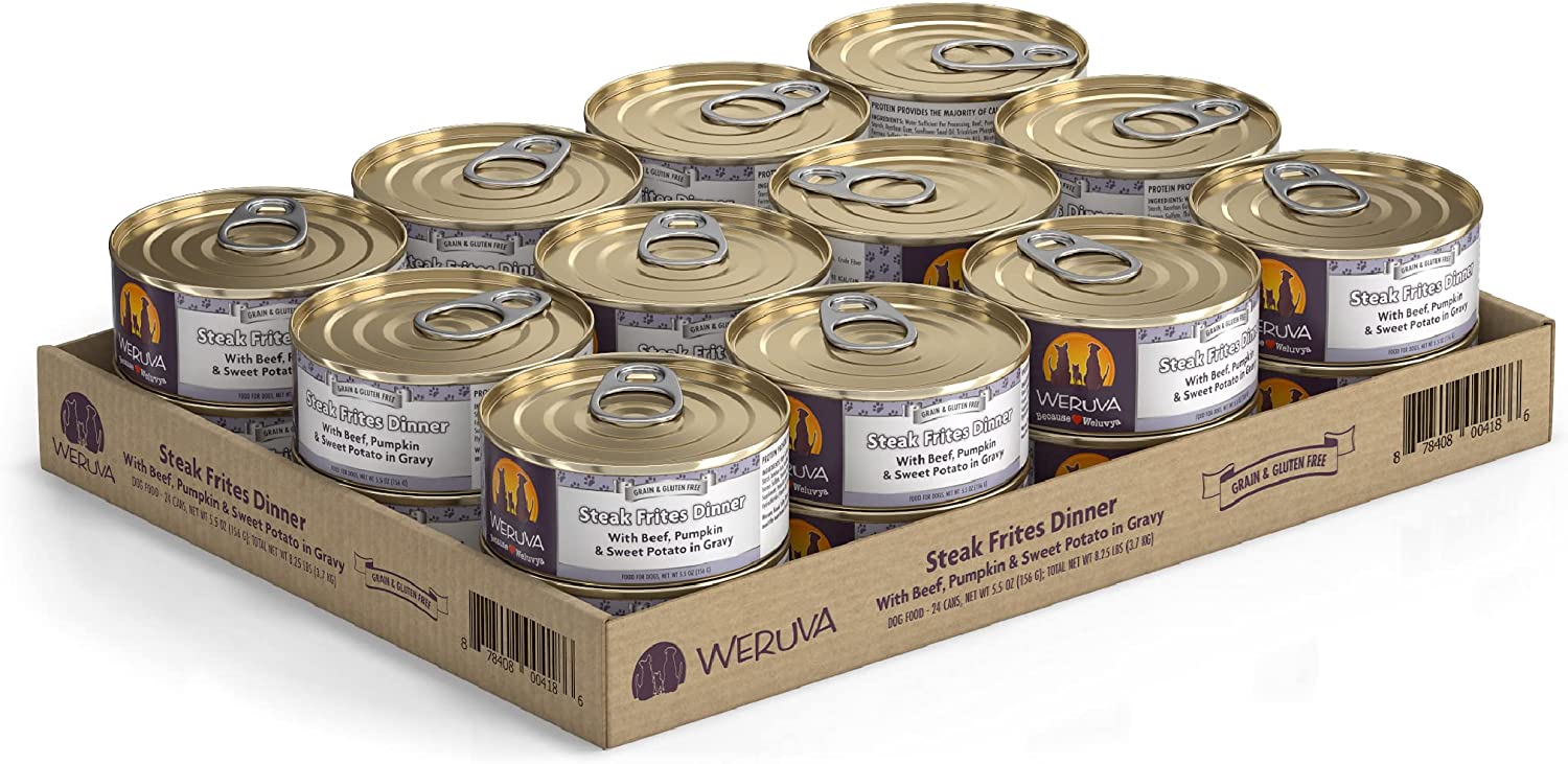 Weruva Steak Frites Dinner with Beef. Pumpkin & Sweet Potatoes in Gravy Grain-Free Canned Dog Food 5.5 Ounce (Pack of 24)
