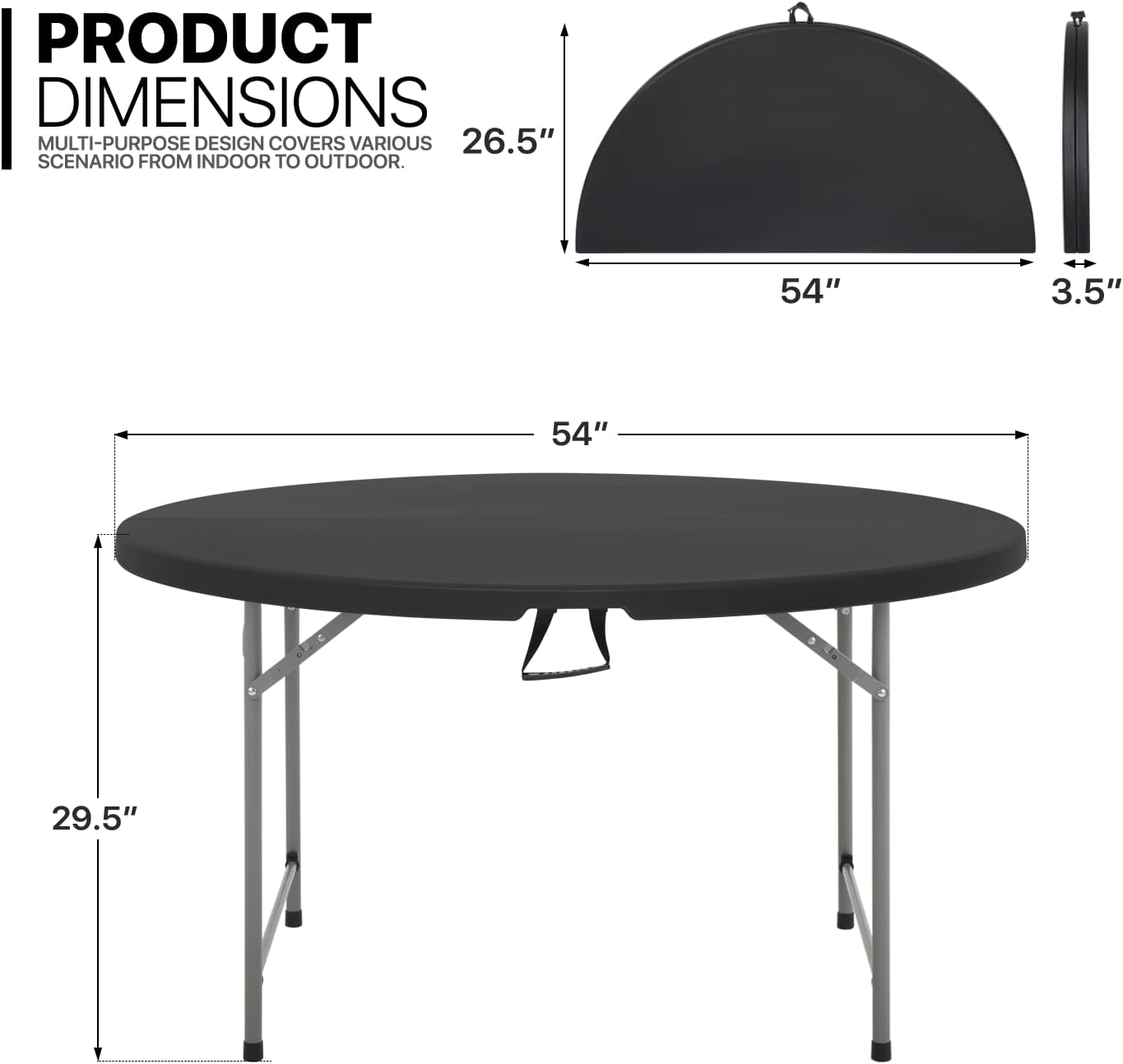 MoNiBloom Round Folding Table. 4.5Ft Heavy Duty Fold in Half Commercial Event Wedding Party Table. Comfortable for 6 to 8 Seat. Black