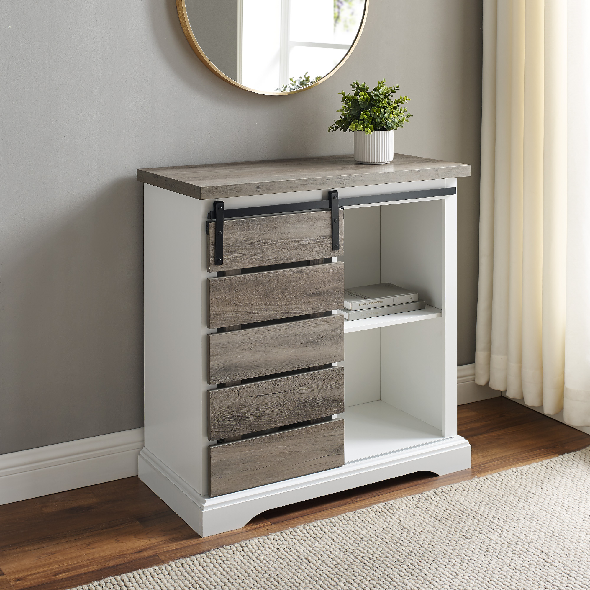 Woven Paths Farmhouse Sliding Barn Door Accent Cabinet. Grey Wash