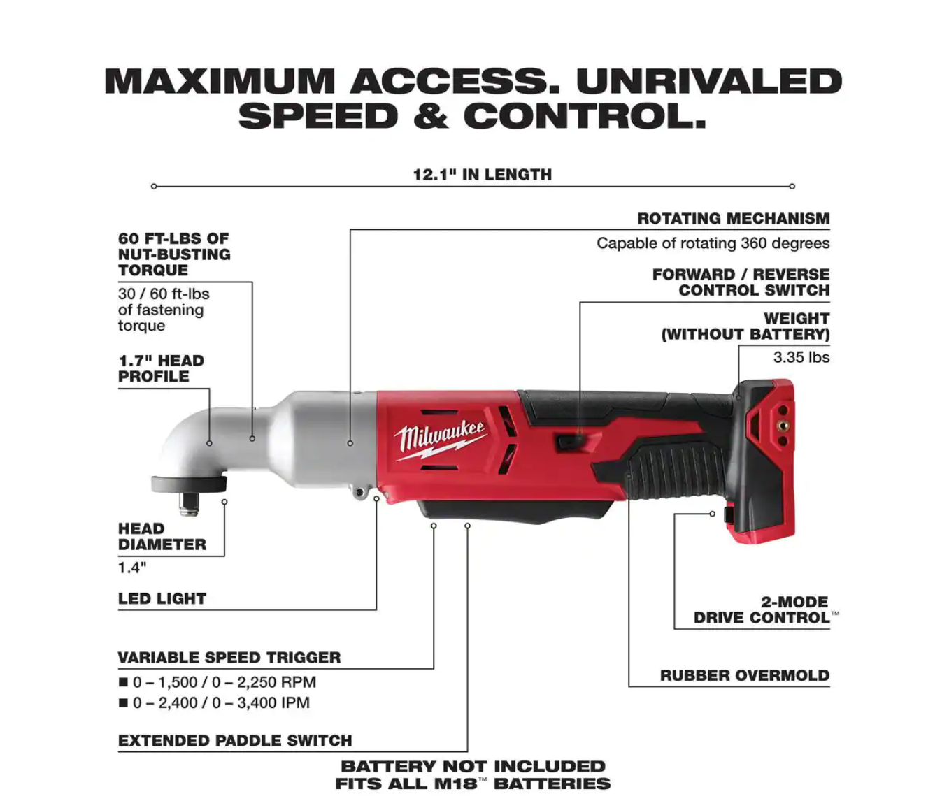 Milwaukee 2668-20 M18 18V Lithium-Ion Cordless 3/8 in. 2-Speed Right Angle Impact Wrench (Tool-Only)