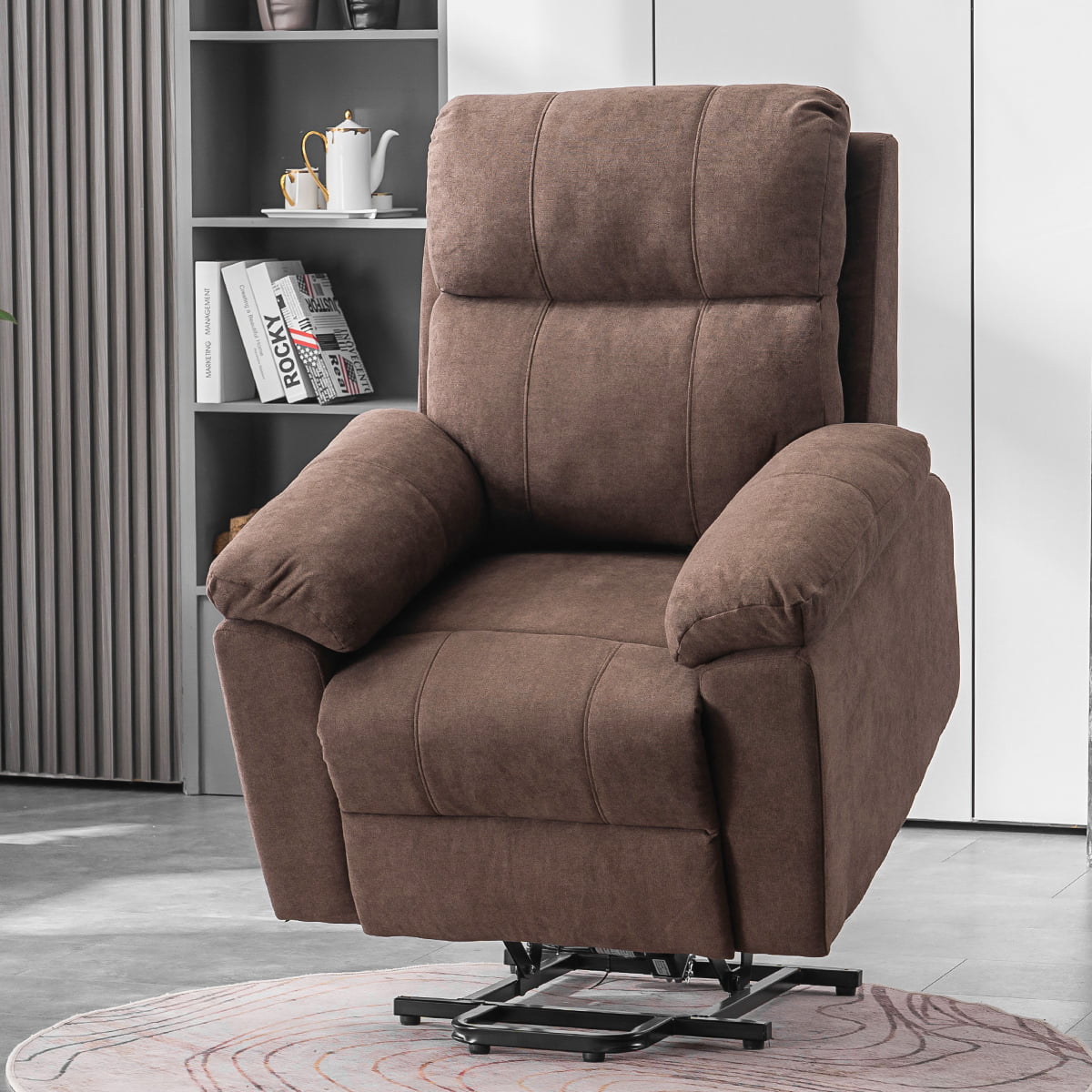 Erommy Massage Recliner Chair. Linen Fabric Power Lift Chair Electric Recliner Chair .Brown