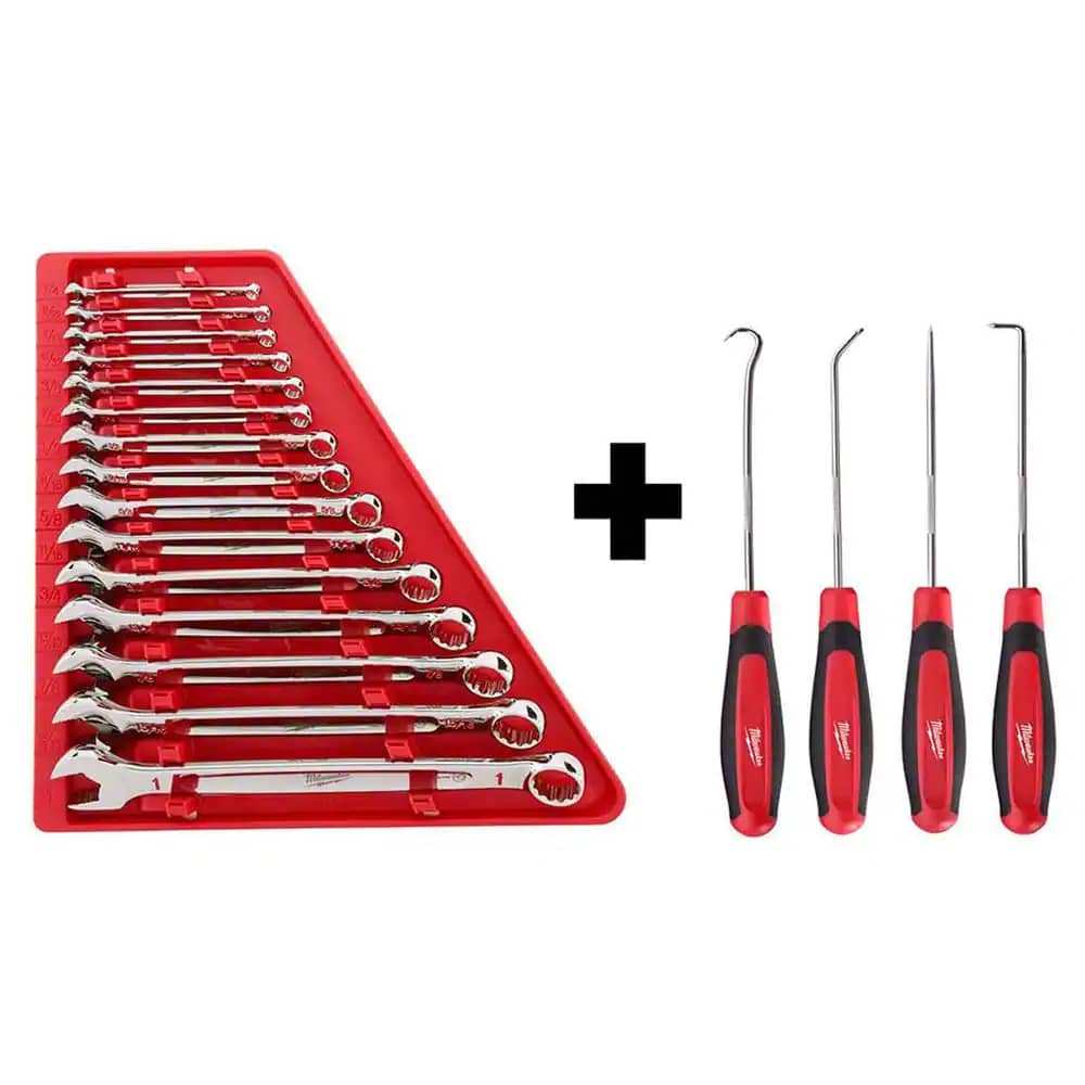 Milwaukee 48-22-9415 Combination SAE Wrench Mechanics Tool Set and 48-22-9215 Hook and Pick Set (19-Piece)