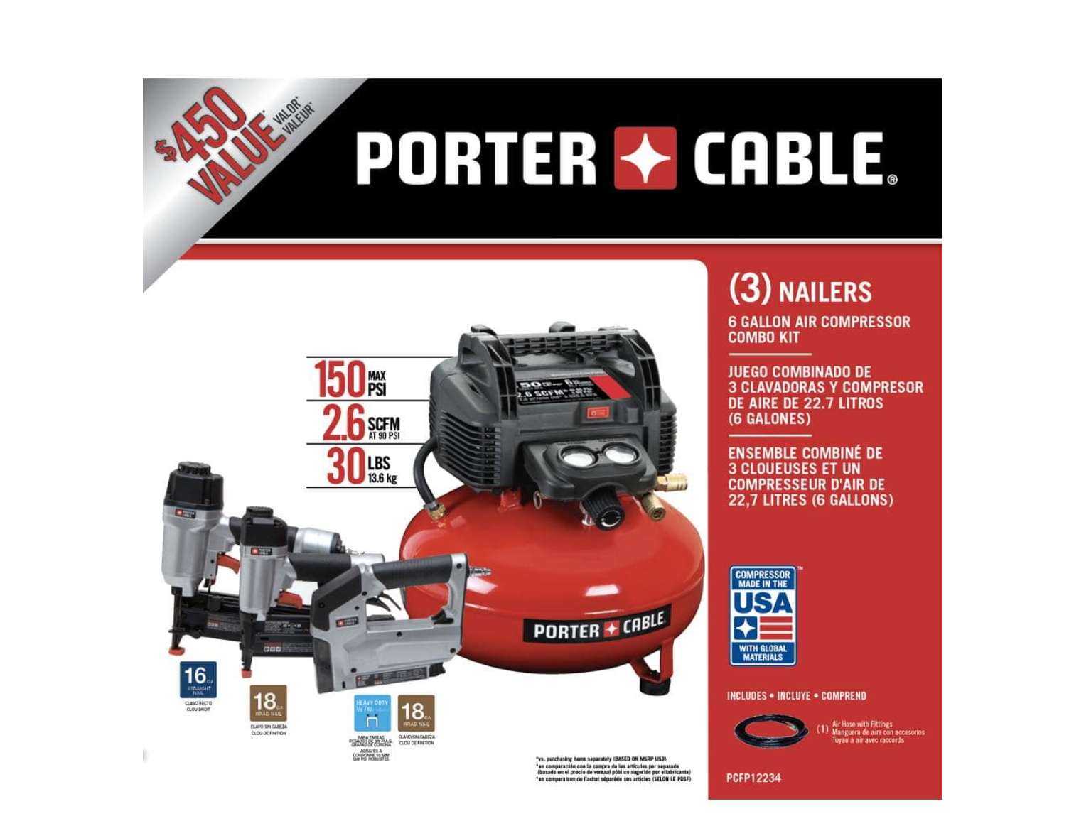 Porter-Cable PCFP12234 6 Gal. 150 PSI Portable Electric Air Compressor. 16-Gauge Nailer. 18-Gauge Nailer and 3/8 in. Stapler Combo Kit (3-Tool)